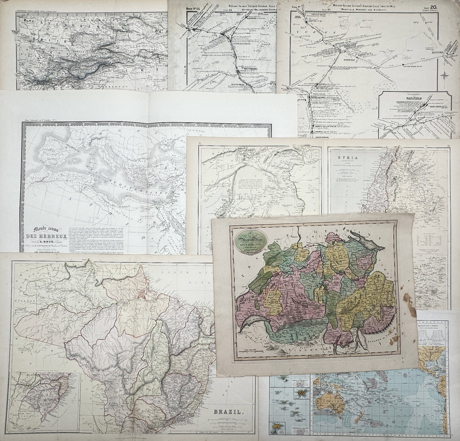 Various authors – Set of 8: Historical Cartographic Maps of Brazil, Syria, Switzerland – (1 of 2)