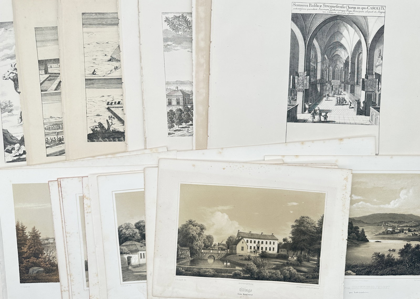 Erik Dahlbergh – Set of 15: Topographical and Architectural Views of Sweden – Engravings: "Suecia Antiqua et Hodierna" This set of fifteen engravings and lithographs displays a general overview of historic Swedish topography and architecture, showcasing detailed interior cathedral perspect