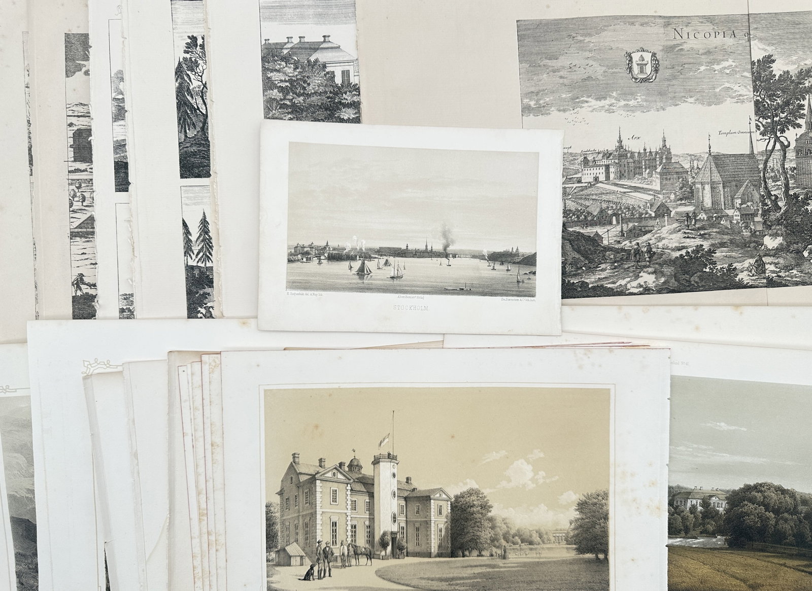 Various Artists – Set of approx. 15: Topographical and Historic Swedish Topography – Engravings: "Suecia Antiqua et Hodierna" This set of fifteen engravings and lithographs displays a general overview of historic Swedish topography and architecture, showcasing detailed town prospects, majestic co