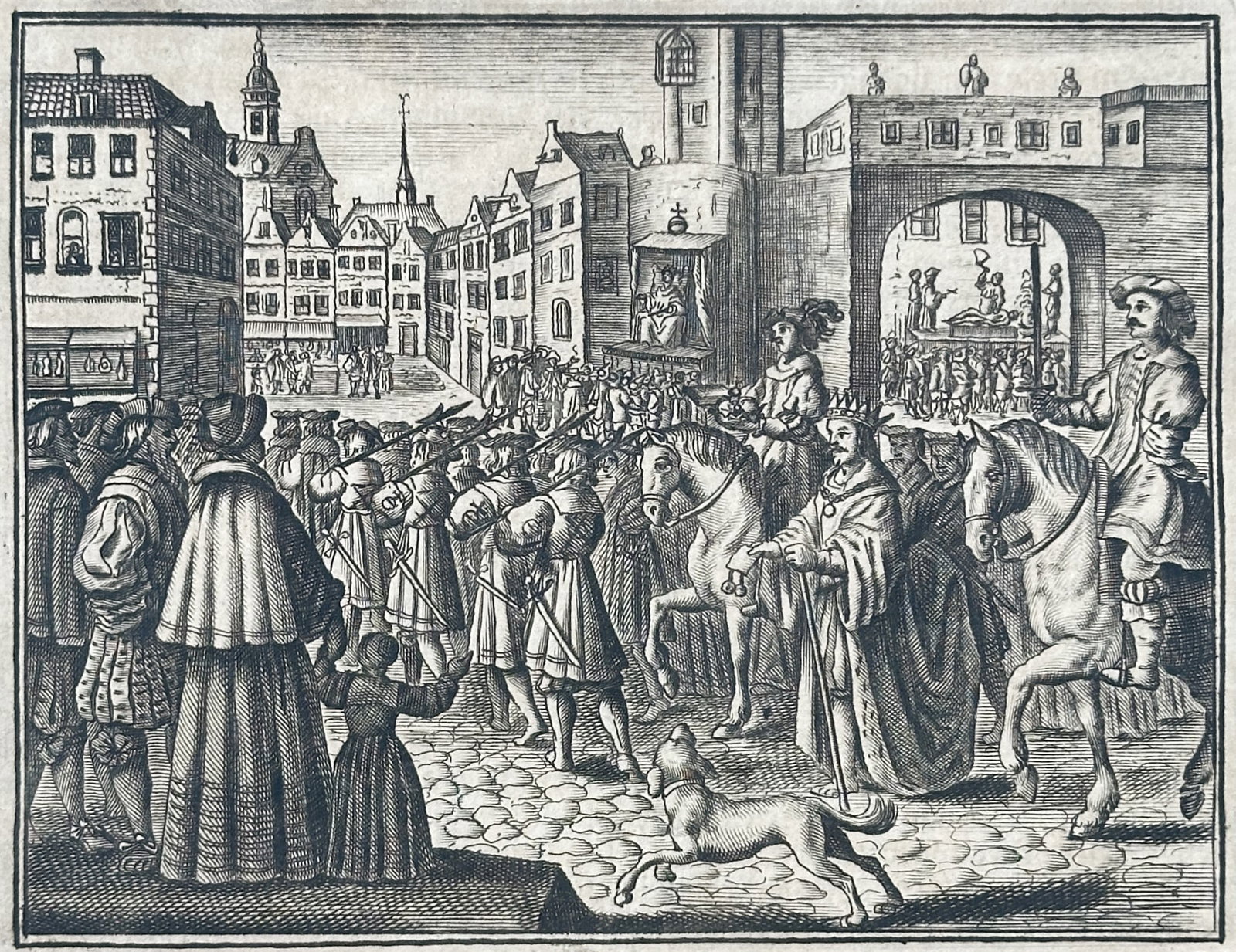 Johann Ludwig Gottfried – History of the Reformation – Engraving (17th Century): "History of the Reformation" The print features a historical illustration depicting a large gathering of figures gathered in a town square with buildings and a church visible in the background. This n