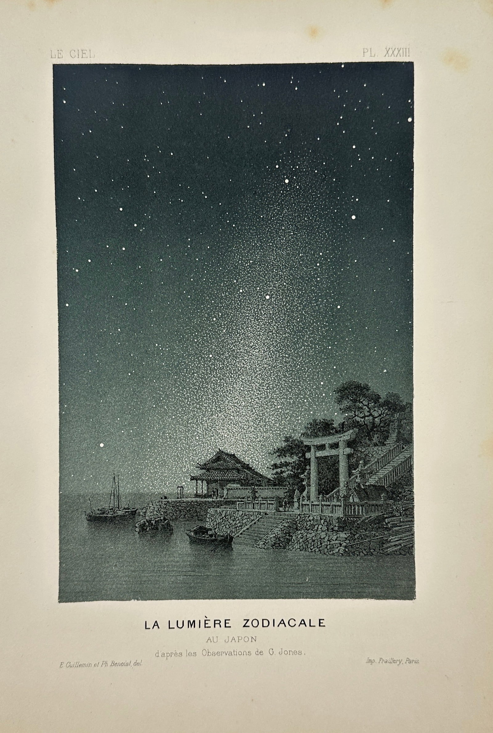 Amédée Guillemin – The Zodiacal Light – Lithograph (19th Century): "The Zodiacal Light" The print features an astronomical illustration showcasing a cone of faint light extending upward into a star-filled night sky above a coastal landscape with traditional buildings
