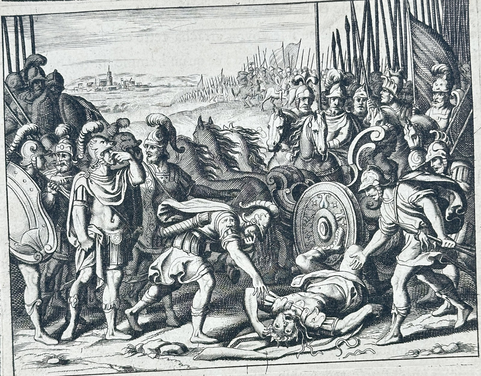 Nicolas Fontaine – The Death of Antiochus – Engraving (17th Century): "The Frightful Death of the Impious King Antiochus" The engraving features a dramatic historical illustration showcasing a chaotic battlefield scene where soldiers surround a fallen ruler. This narrat