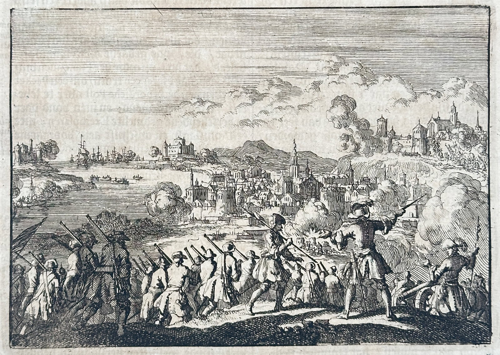 Johann Ludwig Gottfried – Historical Chronicle – Engraving (17th Century): "Gedenck-Boecken" presents a sweeping historical narrative scene depicting military maneuvers and encampments across an expansive topographical landscape. The composition illustrates a pivotal confron