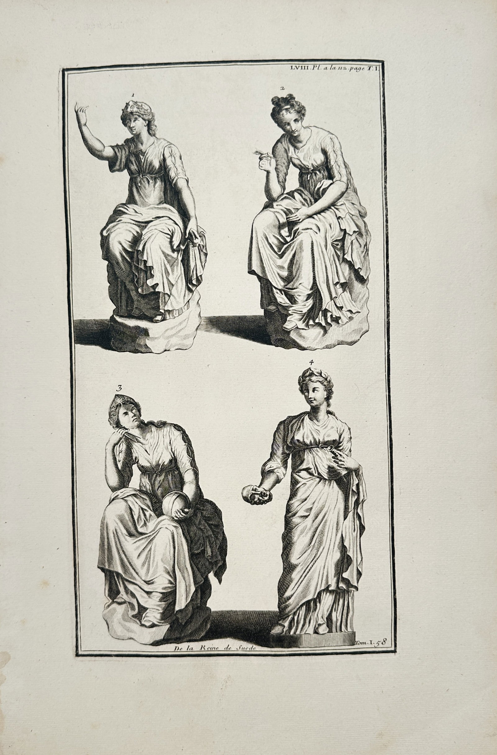 Bernard de Montfaucon – Classical Print of Female Statues from the Queen of Sweden Collection: "De la Reine de Suede" presents a broad overview of four classical female statues draped in traditional attire compiled for an influential archaeological treatise. The composition illustrates the dist