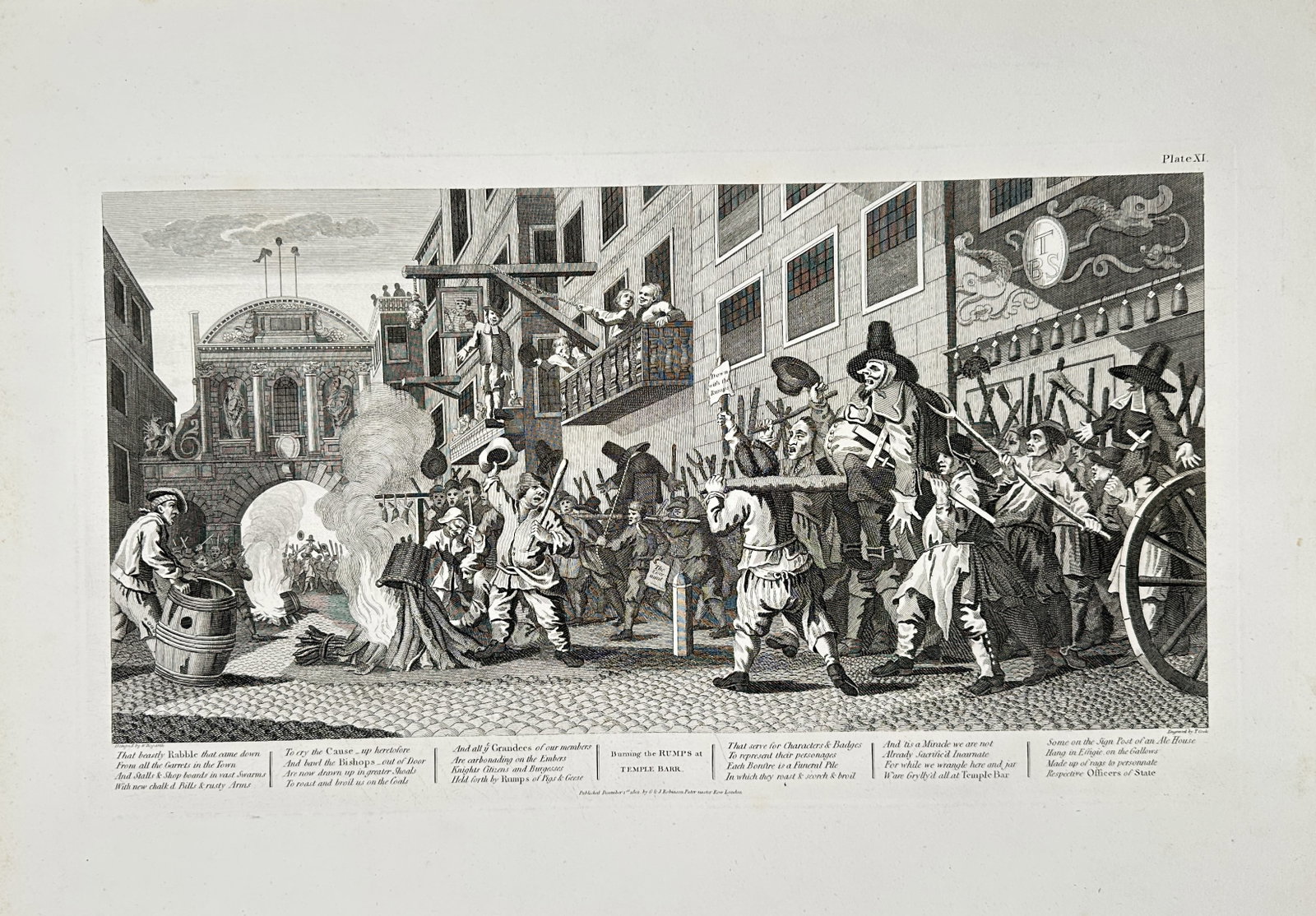 William Hogarth – Burning the Rumps at Temple Bar – Engraving (1726): "Burning the Rumps at Temple Bar" depicts a satirical crowd gathering outside Temple Bar to burn effigies and meat in celebration of the downfall of the Rump Parliament. This illustration was publishe