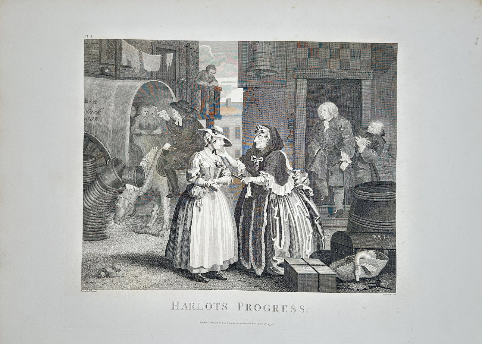 William Hogarth – A Harlot's Progress: Arrival in London – Engraving (1732): "A Harlot's Progress: Arrival in London" depicts a narrative scene featuring a young country woman arriving in London by wagon where she is greeted by a brothel keeper while observed by figures in an 