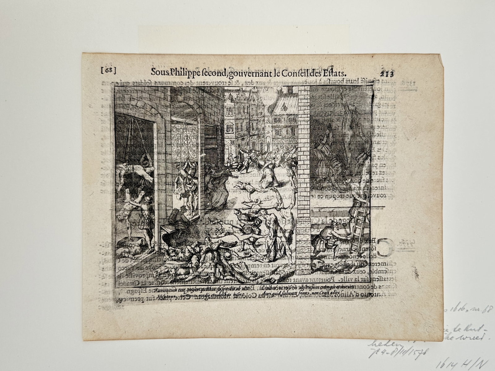 Guillaume Baudart – The Spanish Fury at Antwerp – Engraving (1616): "The Spanish Fury at Antwerp" depicts a dramatic and violent scene of soldiers attacking civilians, pillaging buildings, and causing destruction within a city square during the Eighty Years' War. This