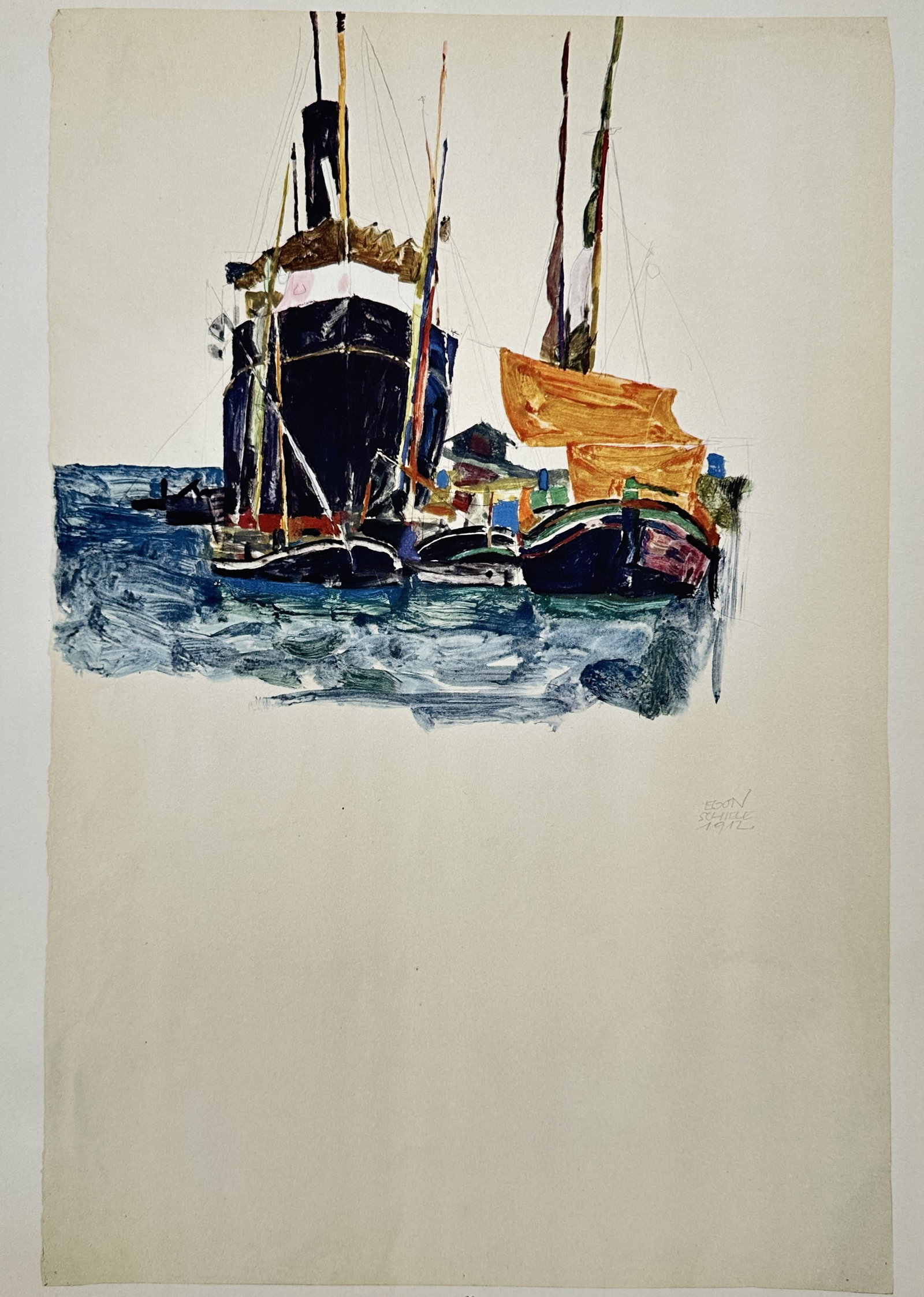 Egon Schiele,after – Ships in a Harbor – Offset lithograph (20th Century): "Ships in a Harbor" depicts several boats and sailing vessels moored in water against a pale background. This offset lithograph reproduces an Expressionist maritime composition created by the artist. 