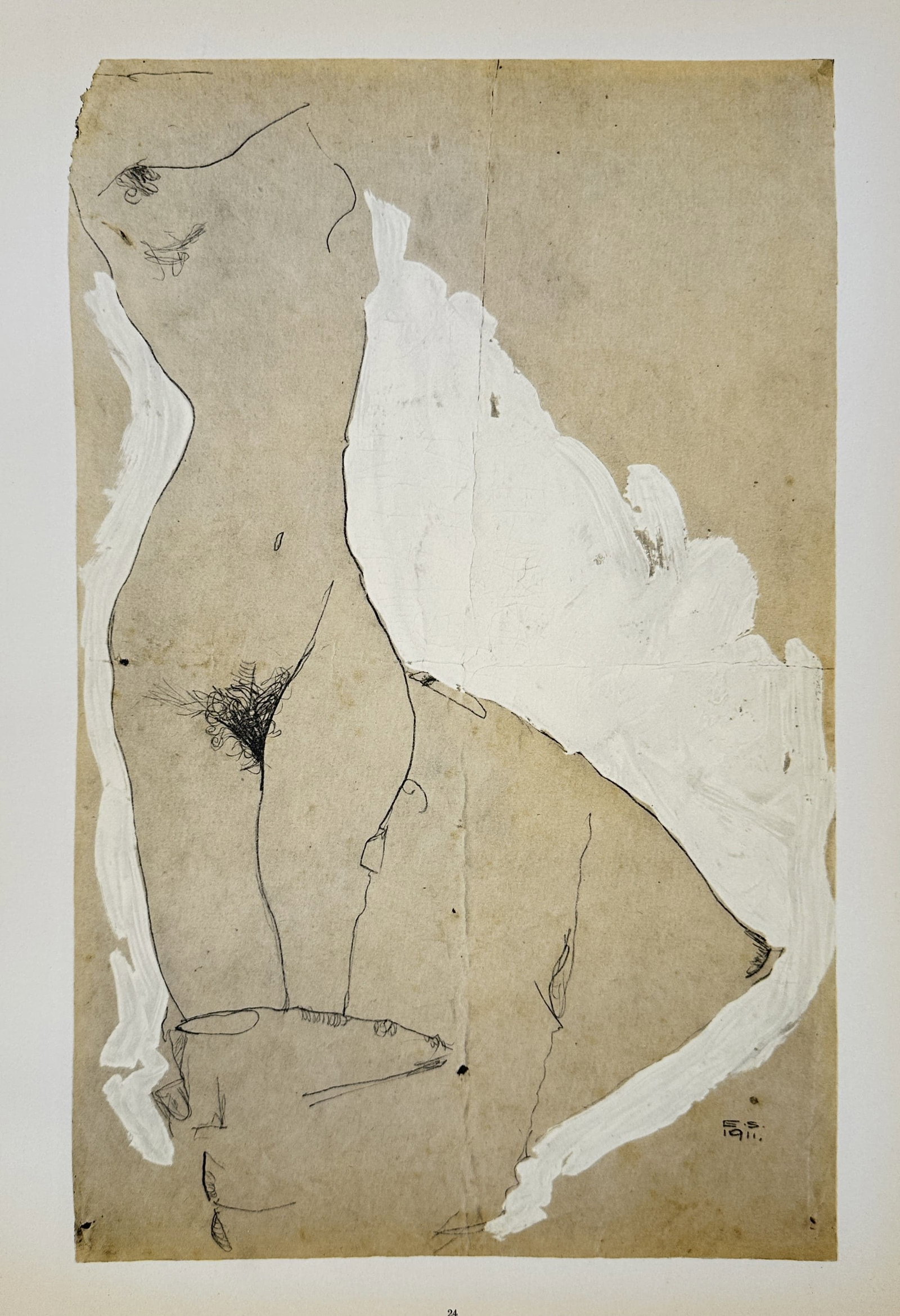 Egon Schiele,after – Standing Female Nude Study – Offset lithograph (20th Century): "Standing Female Nude Study" depicts a minimalist Expressionist contour drawing of a female figure defined by delicate linework and white gouache accents. This offset lithograph reproduces a figurativ