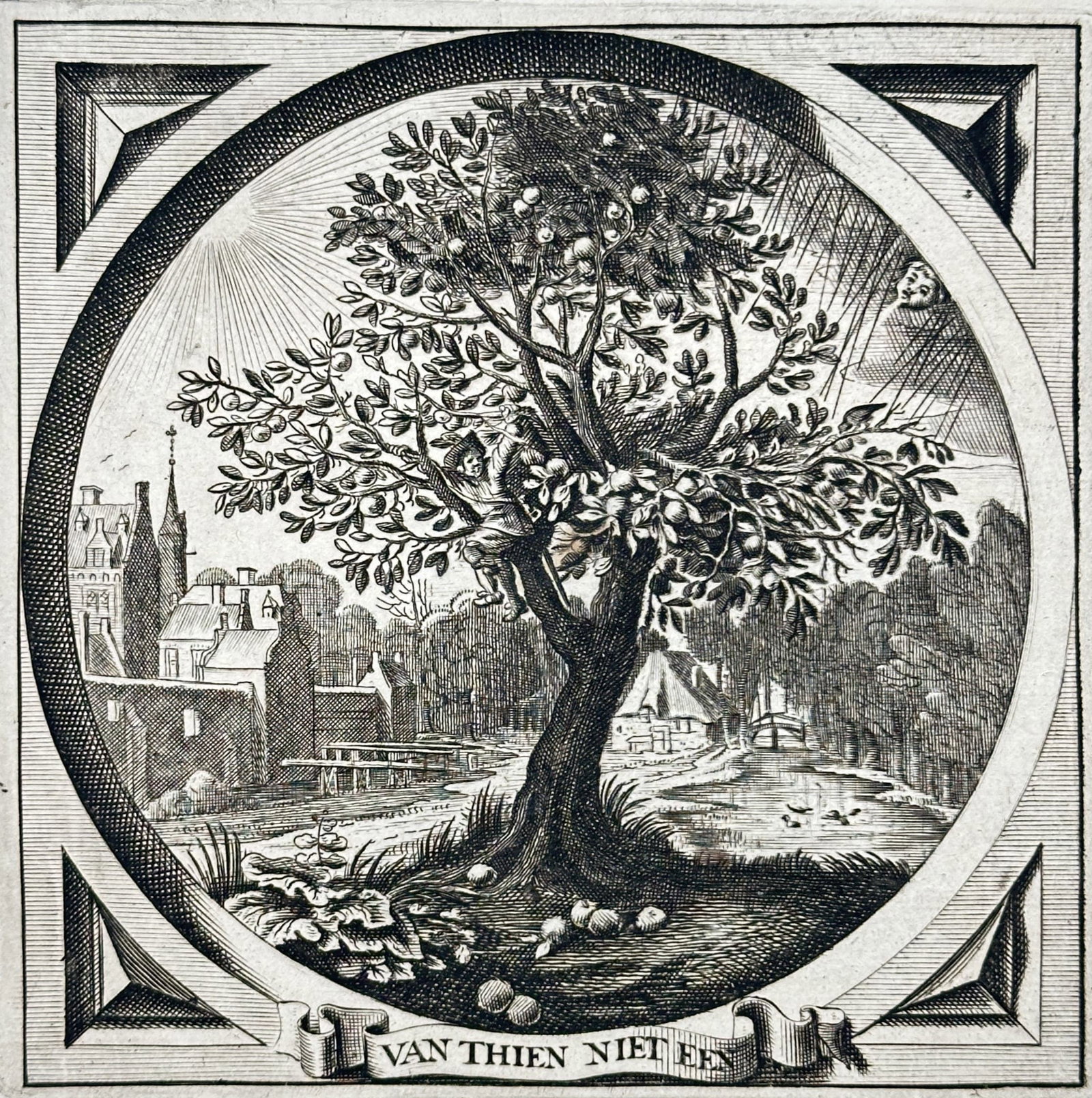 Jacob Cats – Emblem on Old Age and Mortality (Van Thien Niet Een) – Engraving (17th Century): "Van Thien Niet Een" depicts a central fruit tree standing in a landscape with village buildings in the background, set within a square frame above Dutch typography on old age, sickness, and death. Th