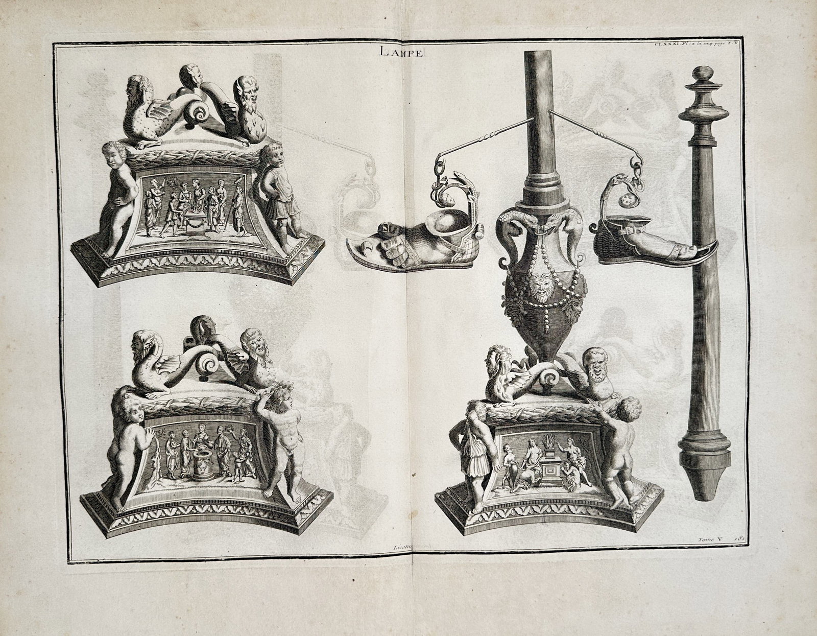 Bernard de Montfaucon – Classical Oil Lamps – Engraving (18th Century): "Classical Oil Lamps" depicts various antique bronze oil lamps, ornate pedestals featuring figurative reliefs, and suspended lamp stands from classical antiquity. This engraving was published in Paris