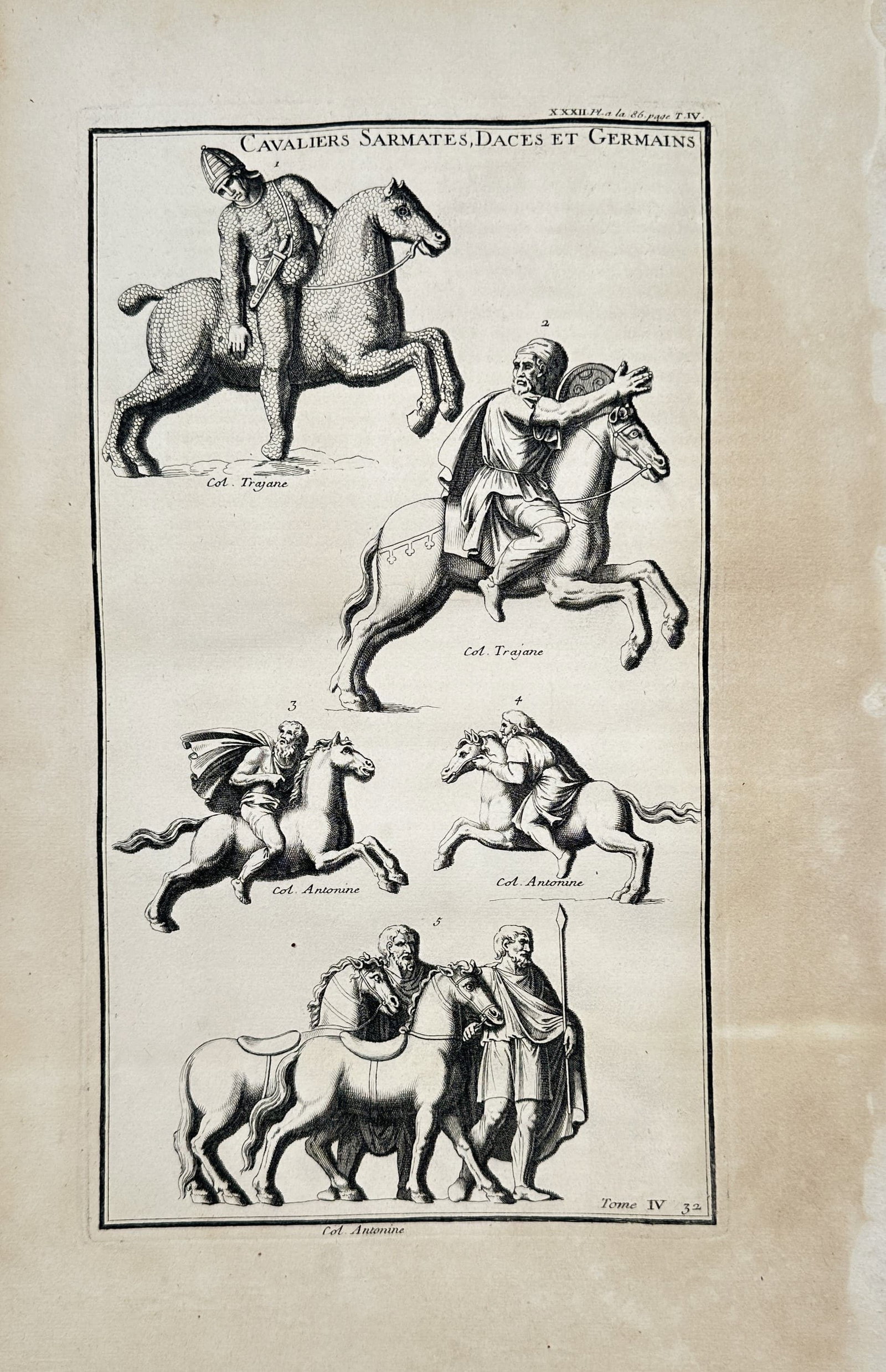 Bernard de Montfaucon – Sarmatian, Dacian, and Germanic Horsemen – Engraving (18th Century): "Sarmatian, Dacian, and Germanic Horsemen" depicts various classical warrior horsemen in scale armor, tunics, and capes riding mounts, derived from reliefs on Trajan's Column and the Column of Marcus 