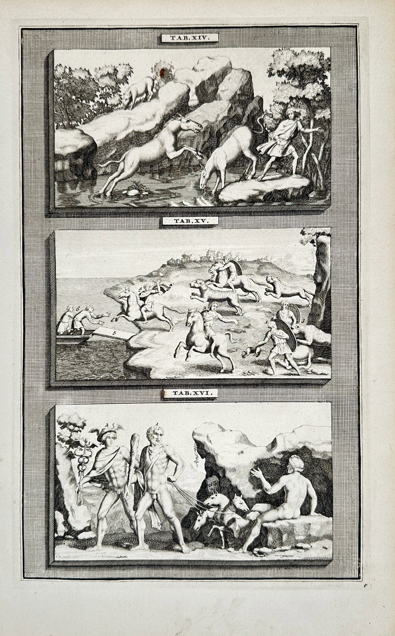 Pierre Mortier – Mythological Scenes with Classical Figures – Engraving (18th Century): "Mythological Scenes with Classical Figures" depicts classical mythological subjects including deities, heroes, and symbolic creatures in antique landscapes. The work is an 18th-century engraving that
