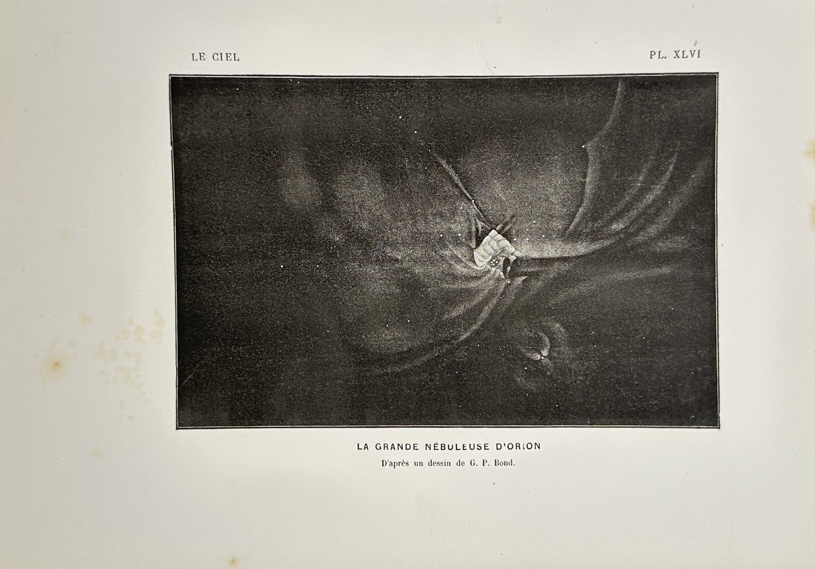 Amédée Guillemin – The Great Nebula in Orion – Lithograph (19th Century): "The Great Nebula in Orion" depicts a celestial astronomical illustration of the expansive Orion Nebula after a drawing by George Phillips Bond. The print was published in the nineteenth century as pa