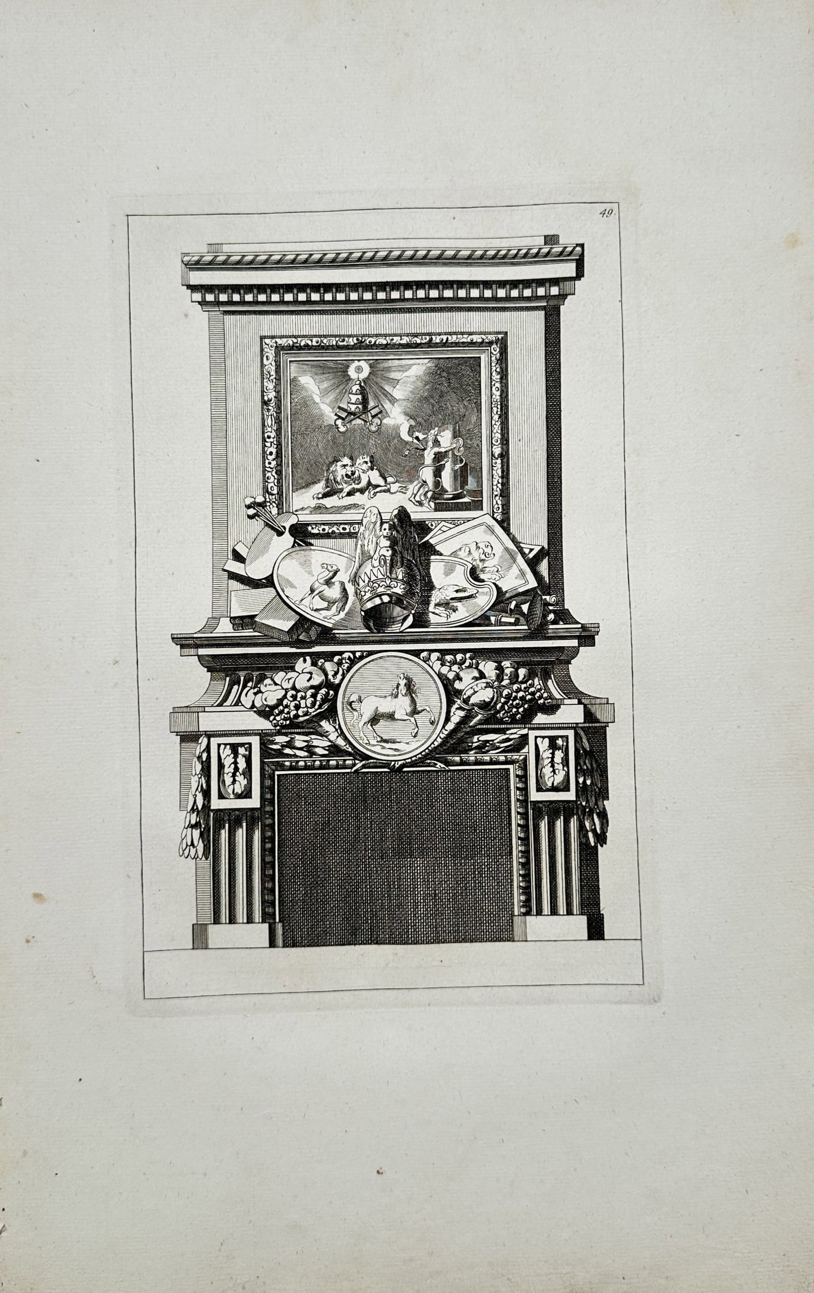 Jean-Charles Delafosse – Ornamental Mantlepiece Design – Engraving (18th Century): "Ornamental Mantlepiece Design" depicts a Neoclassical architectural fireplace surrounded by an elaborate overmantel featuring allegorical medallions, trophies, and decorative reliefs. The print was p