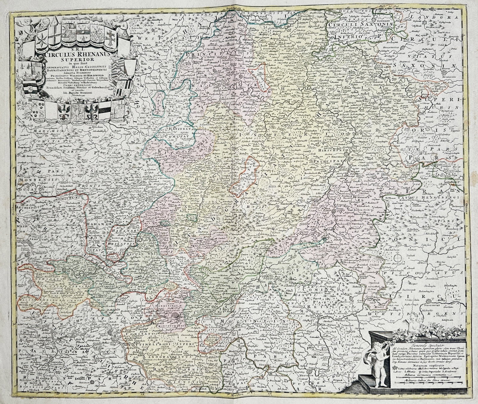 Johann Baptist Homann – Map of the Upper Rhenish Circle – Hand-Colored Engraving (18th Century): "Map of the Upper Rhenish Circle (Circulus Rhenanus Superior)" presents a detailed regional cartographic map depicting the Holy Roman Empire's Upper Rhenish Circle, including Hesse, the Palatinate. Th