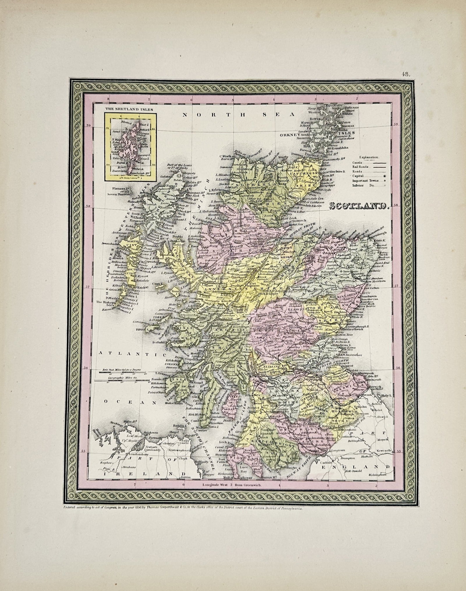 Thomas, Cowperthwait & Co. – Map of Scotland – Hand-Colored Engraving (1850): "Map of Scotland" presents a detailed regional cartographic map depicting the counties of Scotland, complete with an inset map of the Shetland Isles by delicate hand-colored county borders within a cl