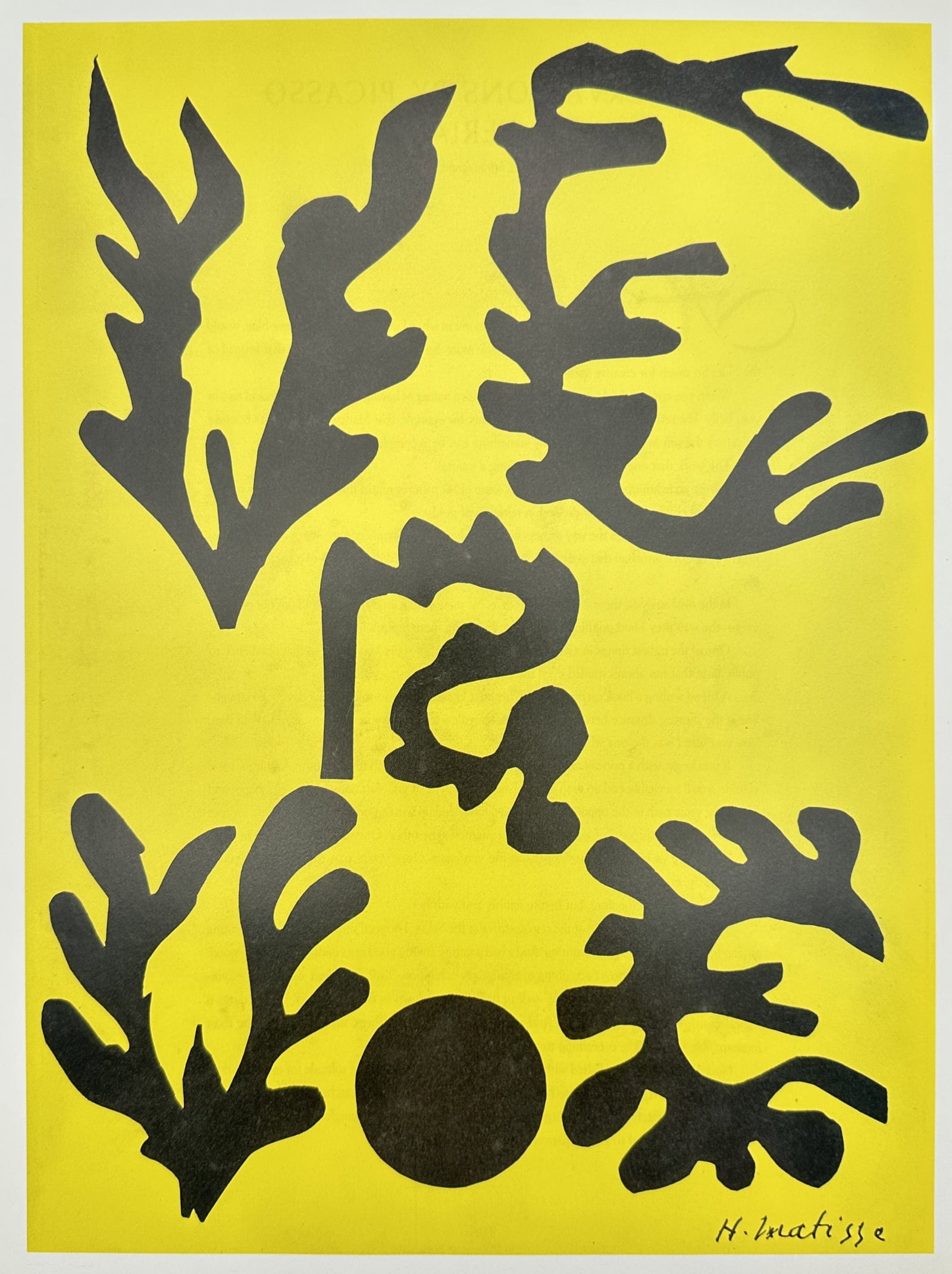 Henri Matisse,after – Verve Cover – Offset Print (20th Century): "Verve Cover" This modern art print presents a striking abstract composition featuring organic black paper cut-out shapes arranged against a vivid yellow field. The artwork reflects the artist's pione
