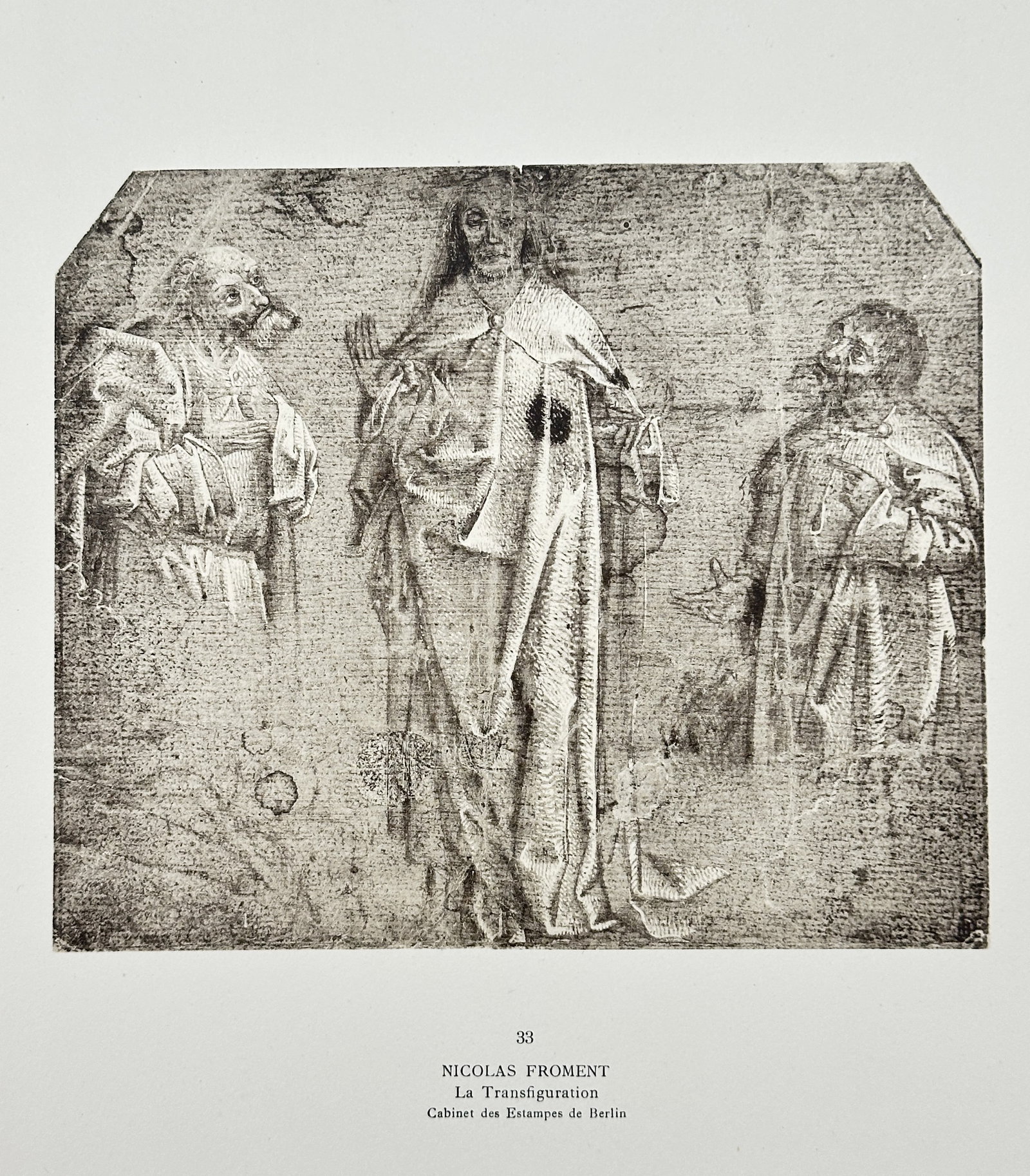 Nicolas Froment,after – The Transfiguration – Offset Print (20th Century): "The Transfiguration" This art print depicts a biblical scene featuring Christ standing draped in ceremonial vestments flanked by two saintly figures in gesture of reverence. The composition highlight