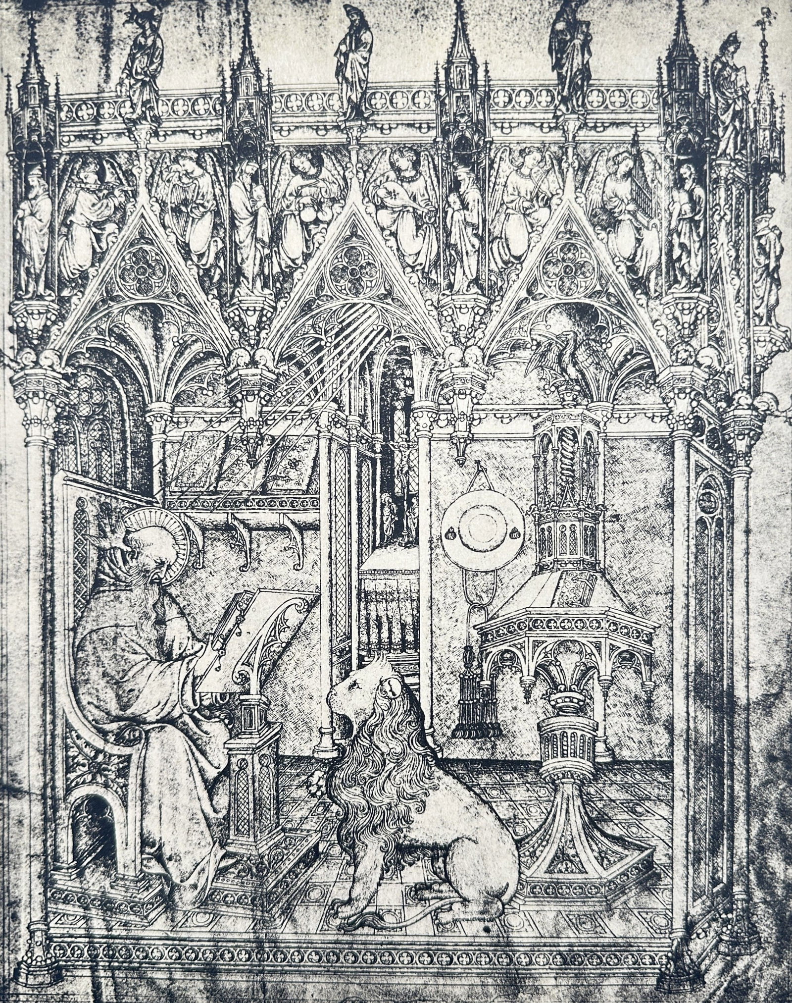 Paul de Limbourg,after – Saint Jerome in His Study – Offset Print (20th Century): "Saint Jerome in His Study" This art print depicts Saint Jerome seated at a lectern inside an ornate Gothic interior featuring a tamed lion at his side and elaborate architectural tracery above. The c