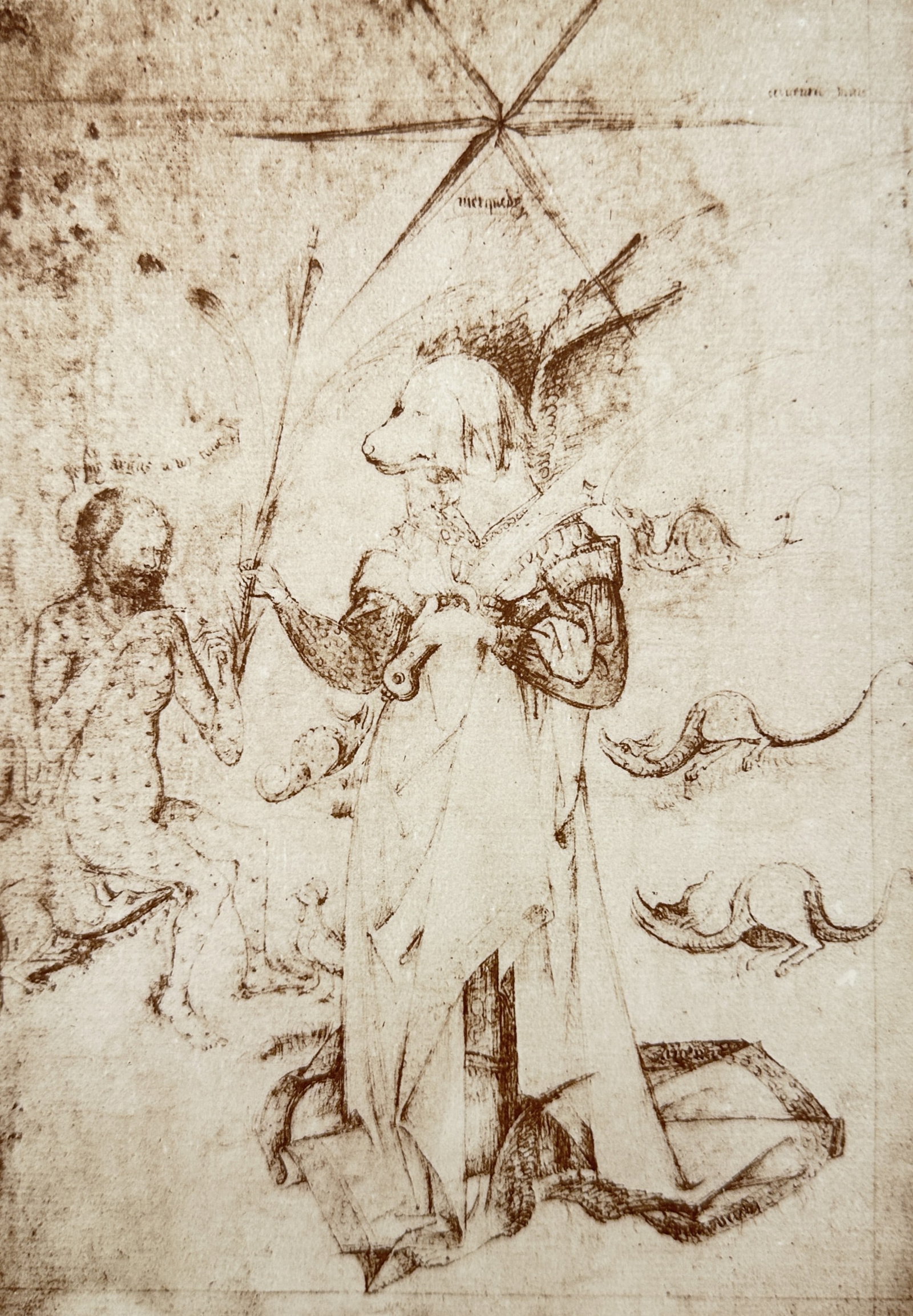 Unknown Artist,after – The Planet Mercury – Offset Print (20th Century): "The Planet Mercury" This art print depicts an astrological allegory centered on a winged figure with a canine head standing in flowing robes beneath a geometric star diagram, accompanied by a seated 