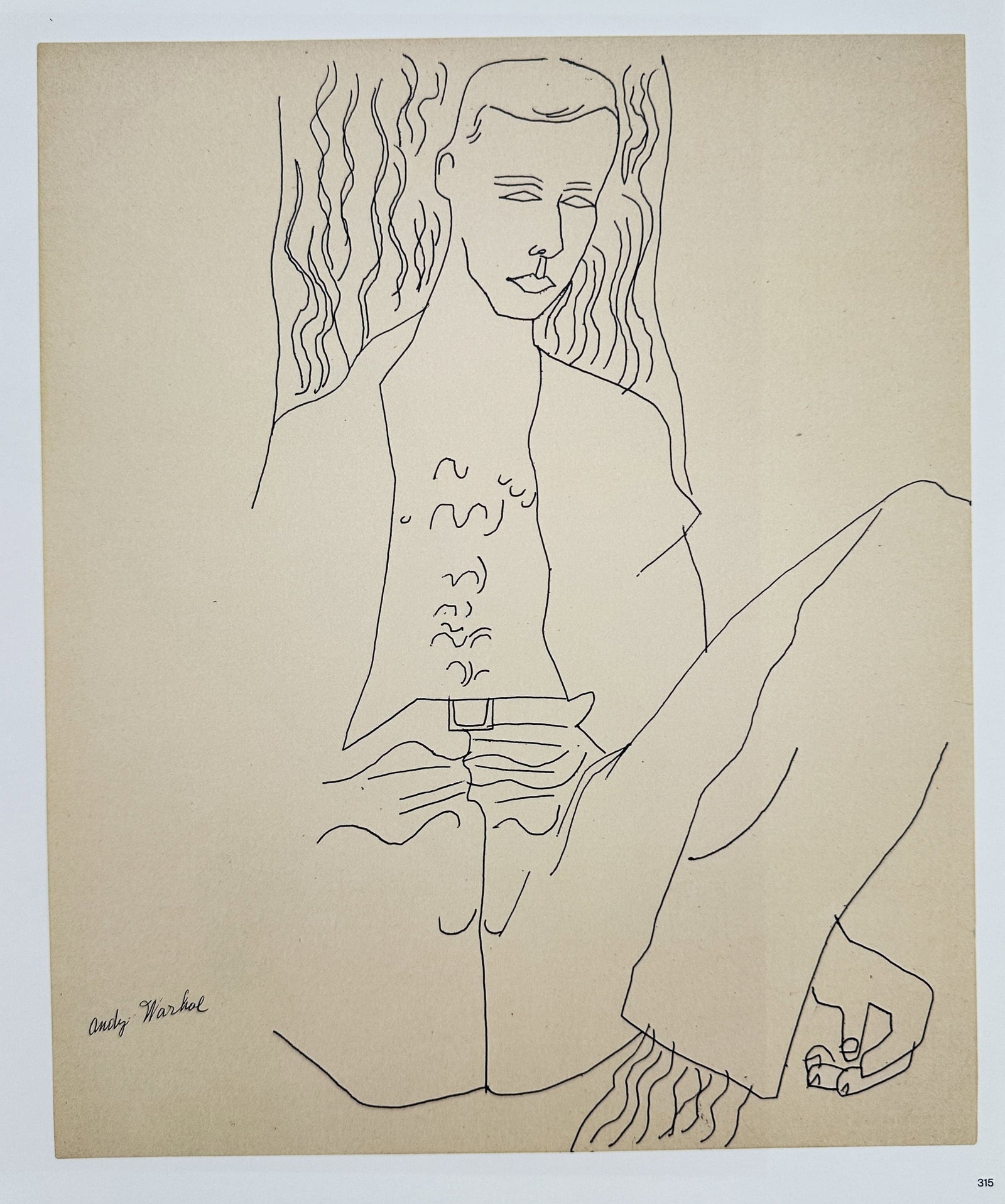 Andy Warhol,after – Seated Male Nude – Offset lithographic reproduction (2006): "Seated Male Nude" This artwork features a minimalist line drawing depicting a seated young man in a relaxed posture rendered with fluid, continuous ink contours. The illustration highlights the artis