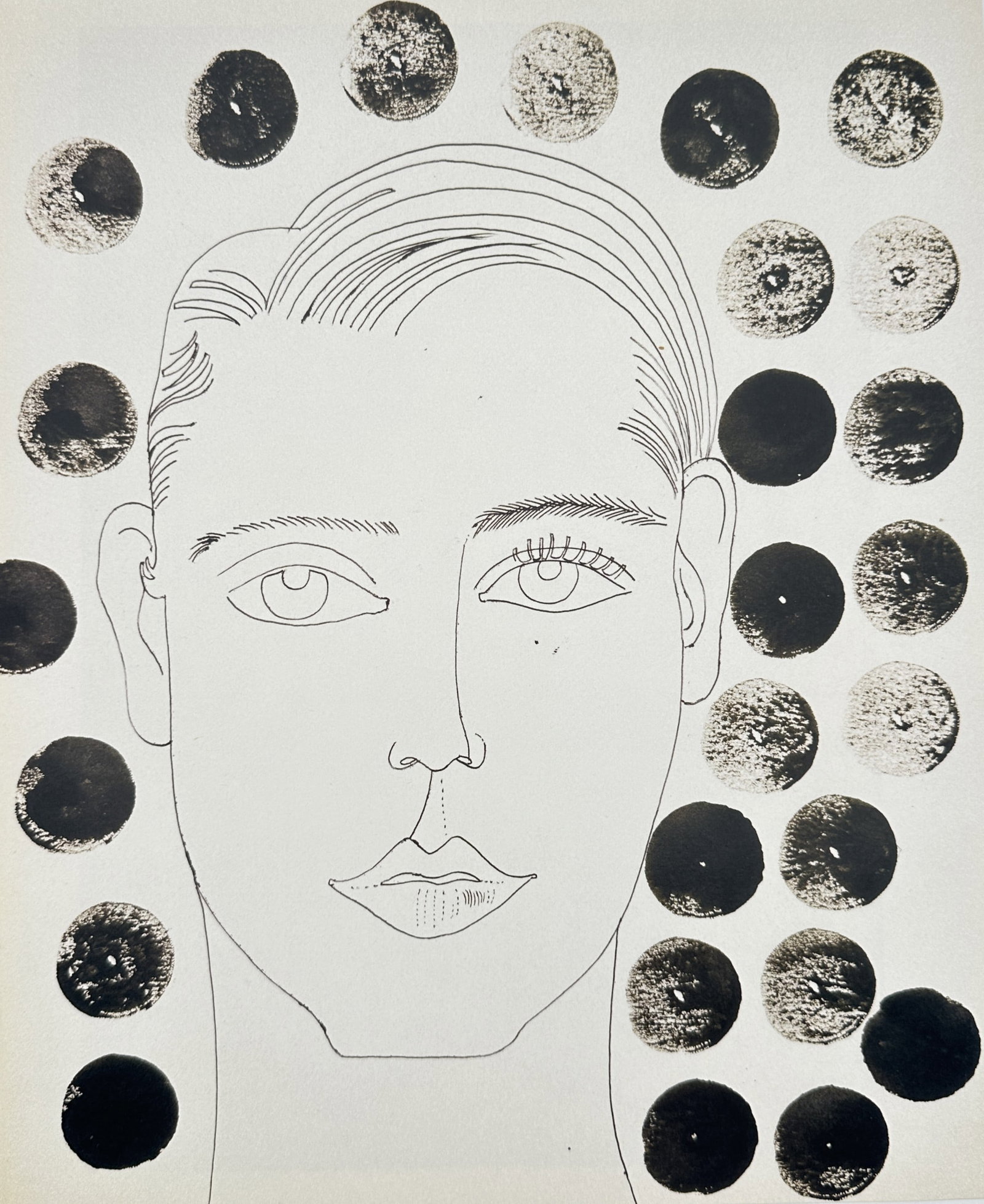 Andy Warhol,after – Male Portrait with Polka Dots – Offset lithographic reproduction (2006): "Male Portrait with Polka Dots" This artwork features a stylized line-drawn portrait of a young man framed by a halo of stamped ink dots around his head. The composition highlights the artist's signat