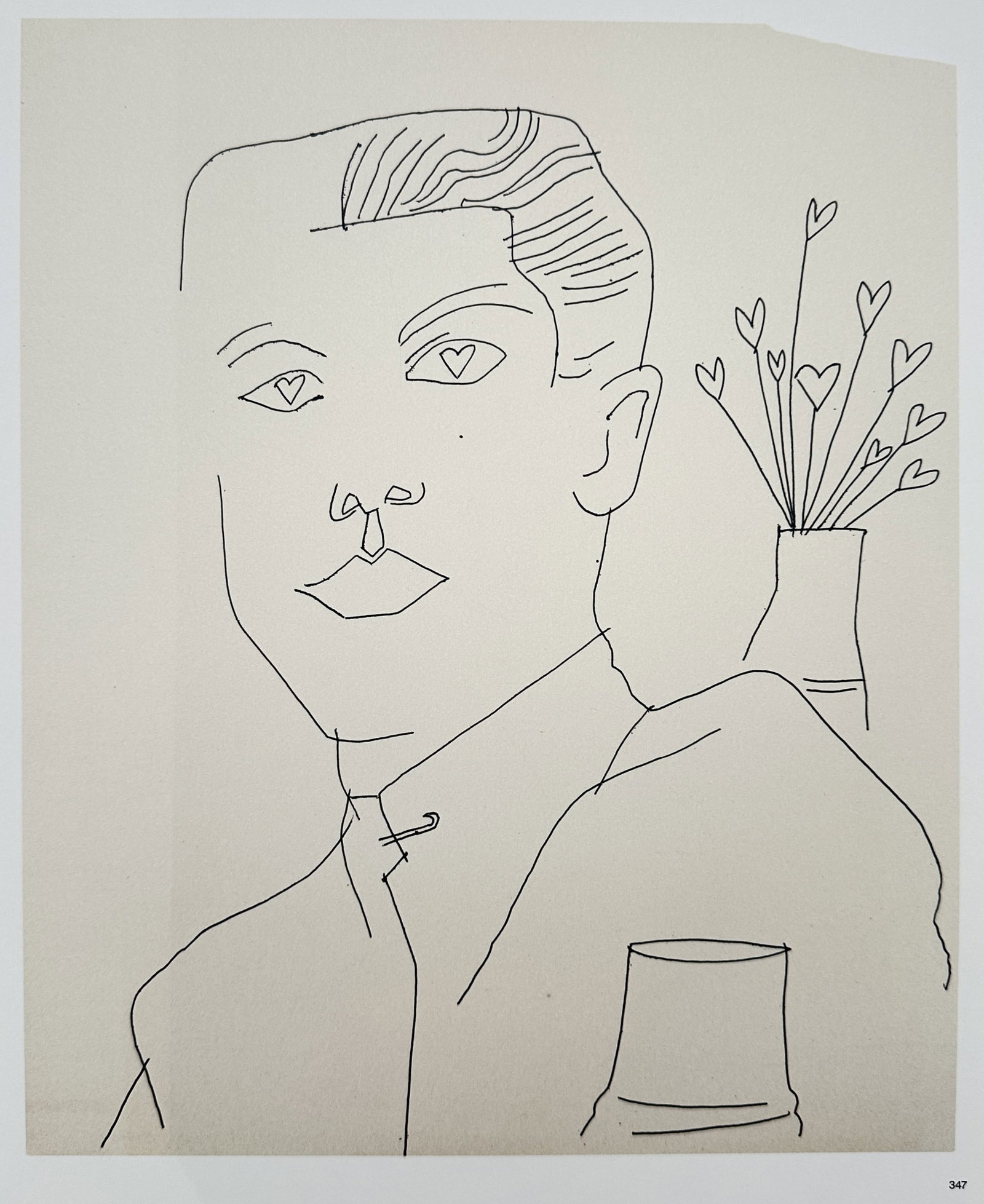 Andy Warhol,after – Male Portrait with Heart Eyes – Offset lithographic reproduction (2006): "Male Portrait with Heart Eyes" This artwork features a delicate line-drawn portrait of a young man with small hearts for pupils alongside a vase filled with heart-shaped flowers. The composition high