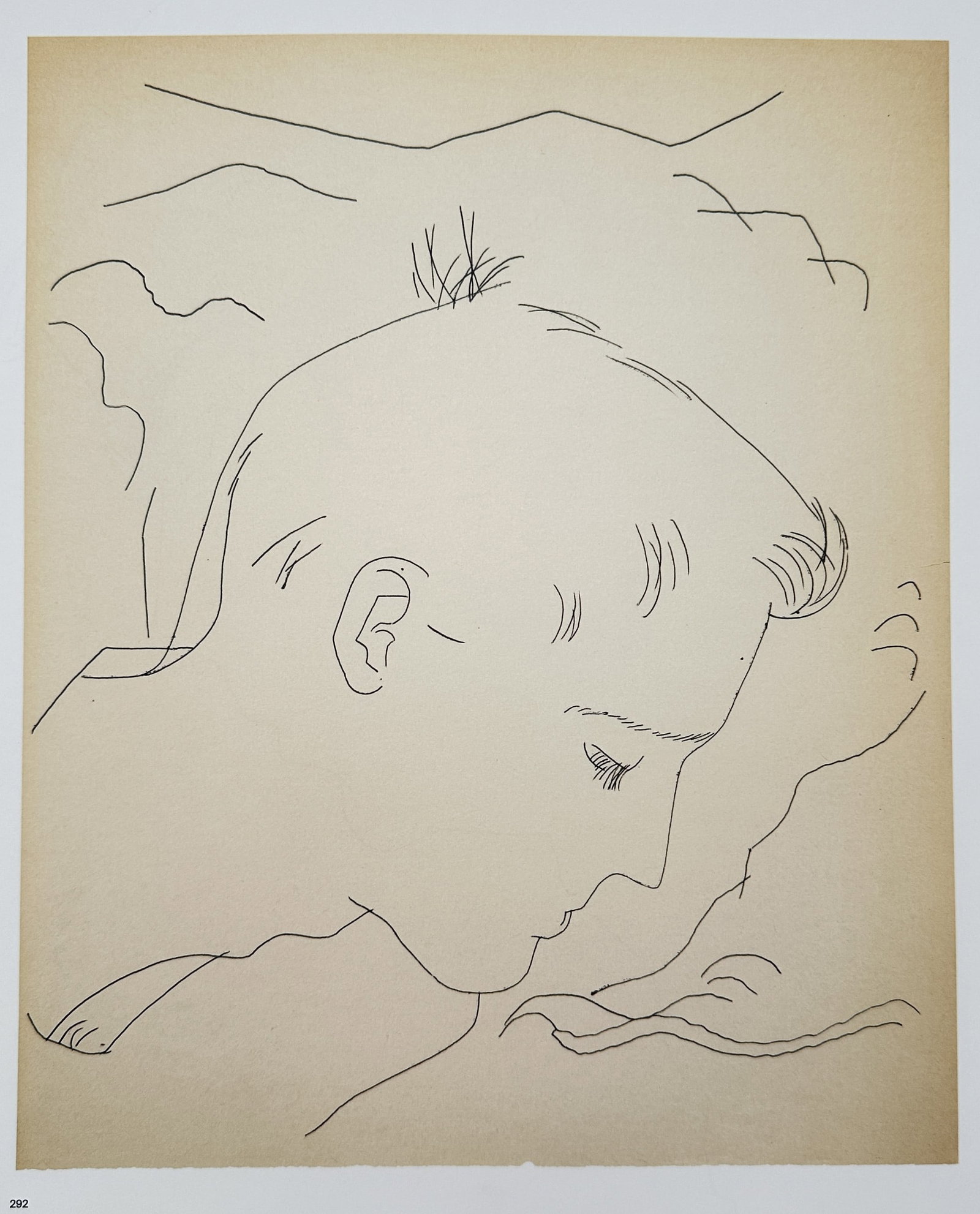 Andy Warhol,after – Profile of a Young Boy – Offset lithographic reproduction (2006): "Profile of a Young Boy" This artwork features a delicate line-drawn profile of a sleeping or resting youth rendered with subtle ink contours set against a neutral background. The composition highligh