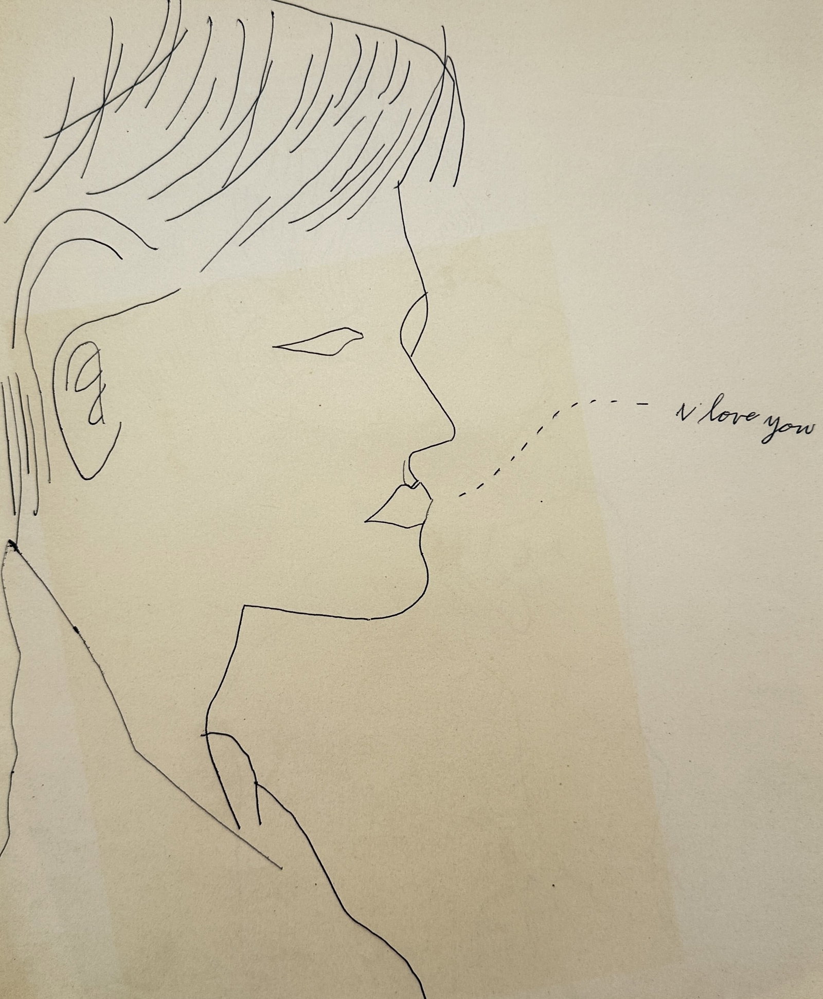 Andy Warhol,after – Profile with I Love You – Offset lithographic reproduction (2006): "Profile with I Love You" This artwork features a minimalist line-drawn profile of a young man with a dashed line leading from his mouth to handwritten text set against a warm beige background. The co