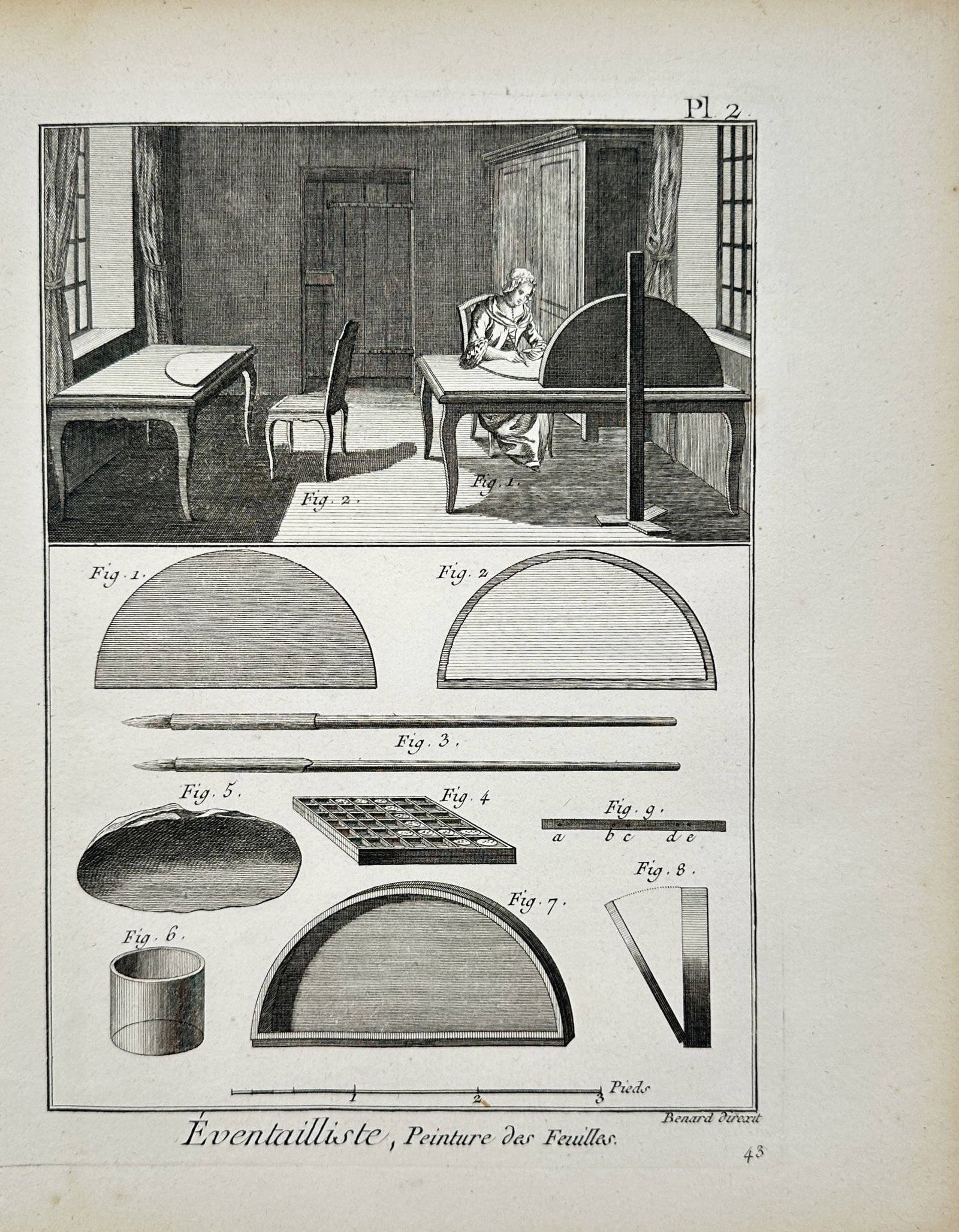 Robert Bénard – Fan Maker, Painting of Leaves – Engraving (18th Century): "Fan Maker, Painting of Leaves" This technical encyclopedia plate illustrates the interior of an artisan workshop where a painter decorates fan leaves alongside detailed diagrams of the specialist too