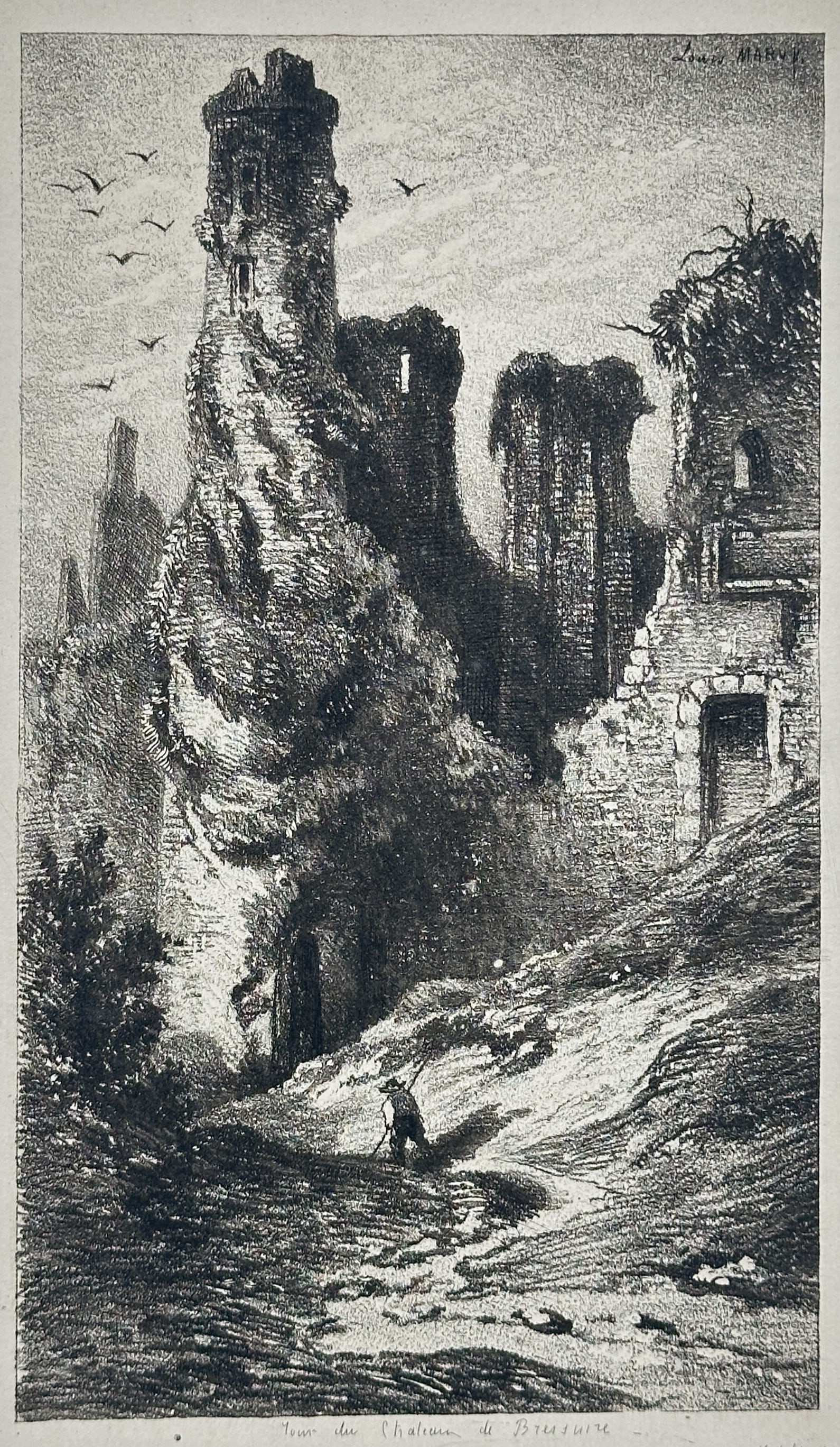 Louis Marvy – Tower of the Castle of Bressuire – Soft-Ground Etching (19th Century): "Tower of the Castle of Bressuire" This print depicts the picturesque ruins of a medieval stone castle tower partially overgrown with vegetation set against a dramatic landscape. The composition highl