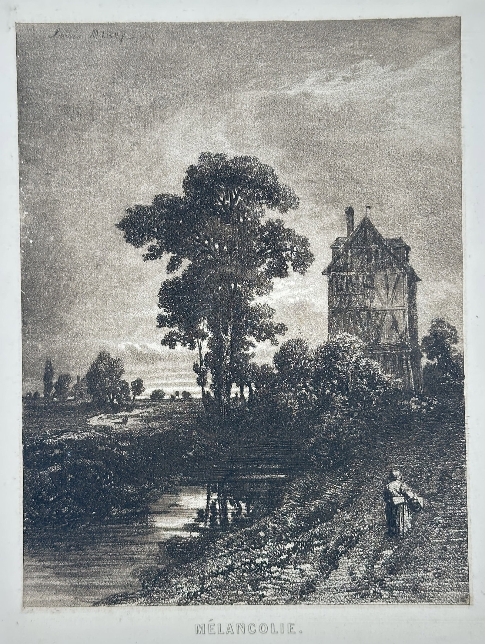 Louis Marvy – Melancholy – Soft-Ground Etching (19th Century): "Melancholy" This print depicts a tranquil landscape with a tall timber-framed house standing alongside a quiet river and mature trees under an overcast sky. The composition highlights nineteenth-cent