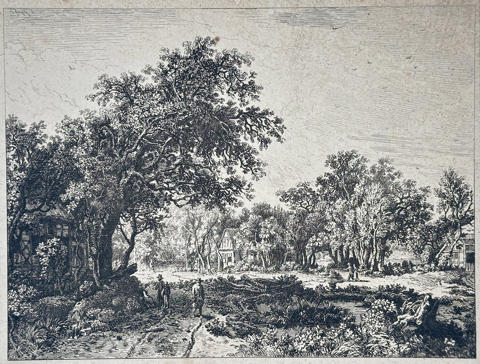 Jean-Baptiste-Camille Corot – Souvenir of Tuscany – Etching (19th Century): "Souvenir de Toscane" This print depicts an idyllic landscape featuring lush trees and rural figures walking along a path under an open sky. The composition highlights nineteenth-century French landsc