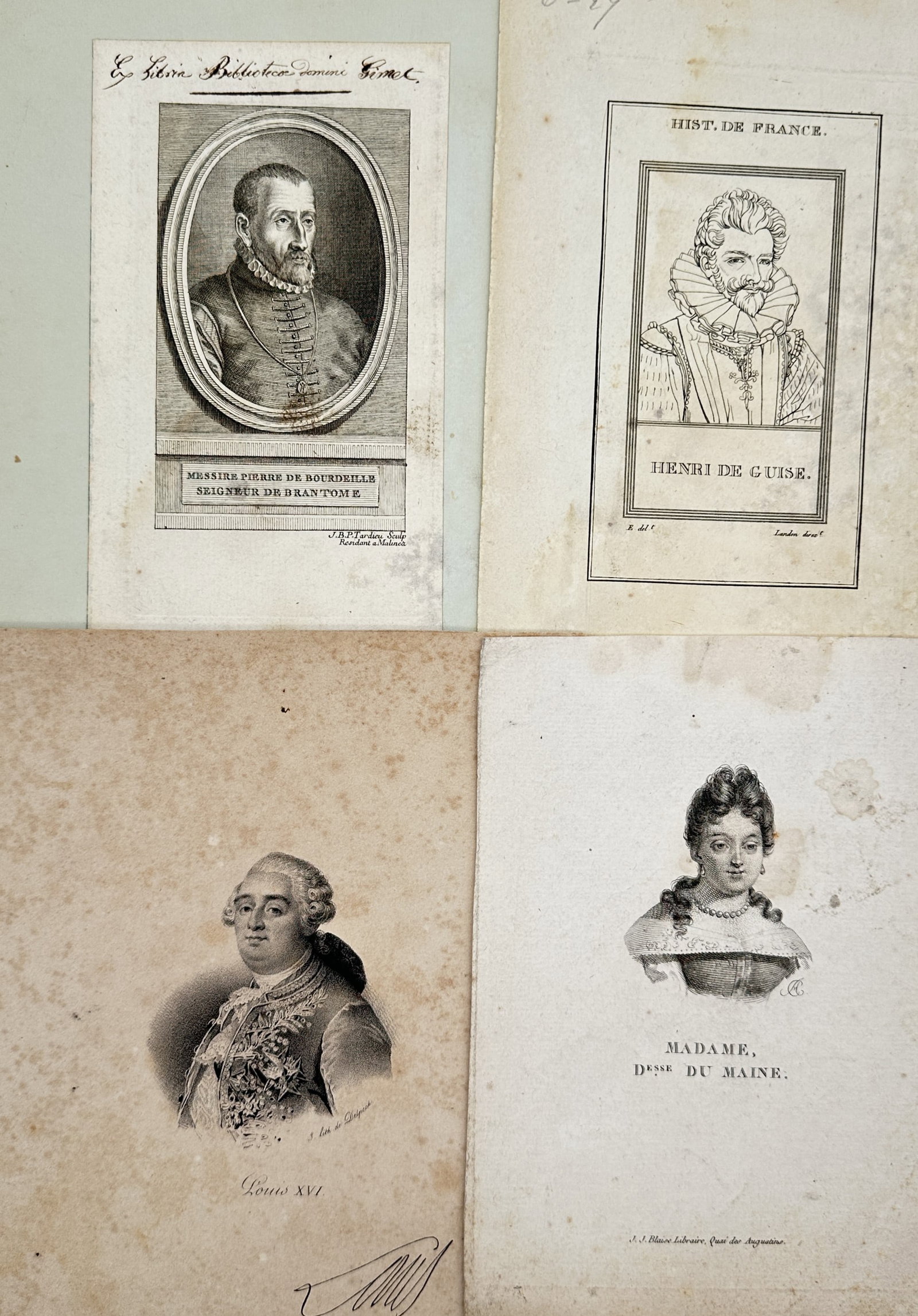 Different Artists – Set of 4: French Historical Portraits – Engravings (18th–19th Century): "French Historical Portraits" This set of prints illustrates prominent figures from French history, including Pierre de Bourdeille (Seigneur de Brantôme), Henri de Guise, King Louis XVI, and the Duch