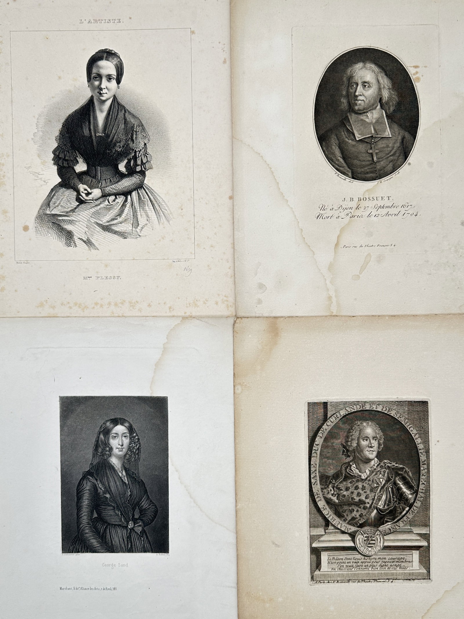Different Authors – Set of 4: French Historical Figures and Authors – Engravings (18th–19th (1 of 2)