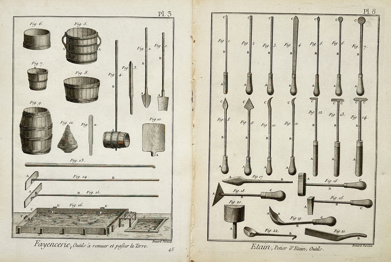 Robert Bénard – Set of 2: Tools for Pottery and Pewter Crafting – Engravings (18th Century): "Tools for Pottery and Pewter Crafting" This set of prints illustrates technical tools, utensils, and equipment used in traditional craftsmanship, including pottery clay preparation. The collection hi
