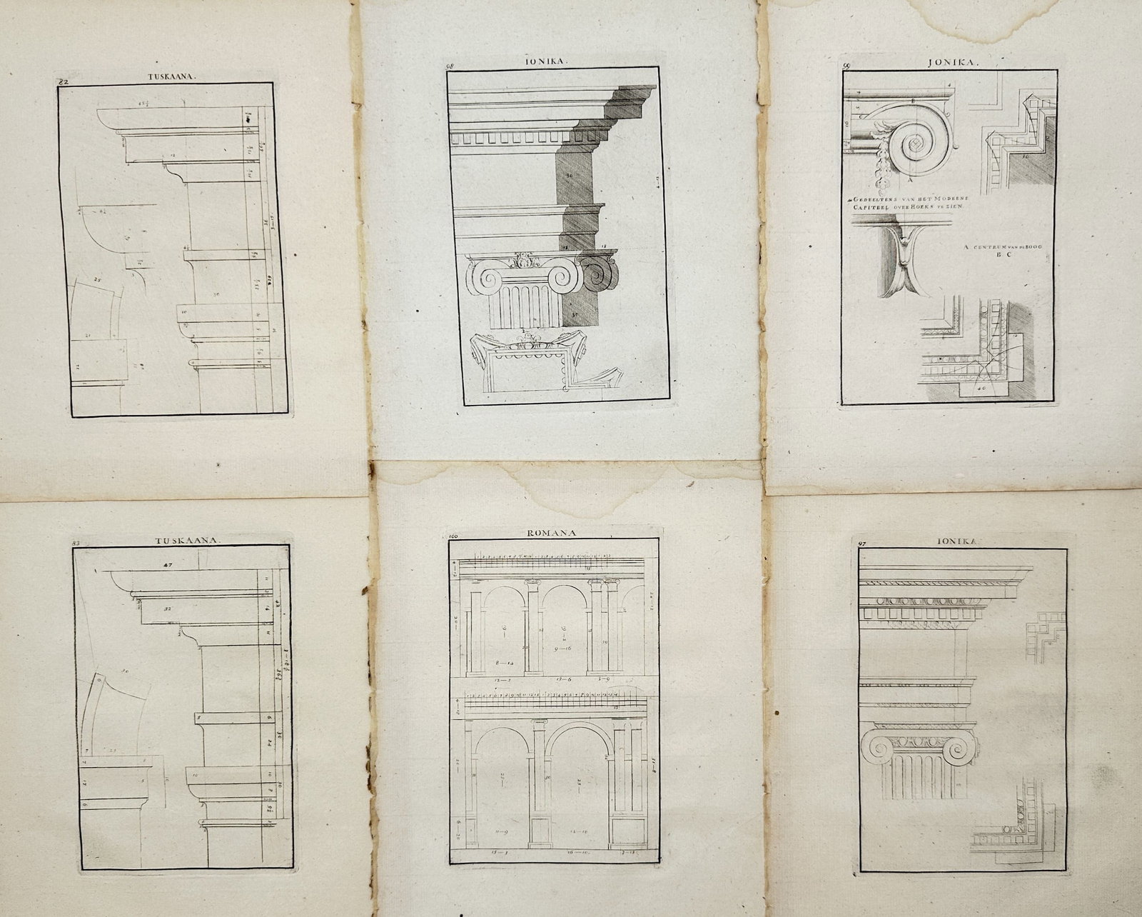 Giacomo Barozzi da Vignola – Set of 6: Classical Architectural Orders and Mouldings – Engravings: "Classical Architectural Orders and Mouldings" This set of prints illustrates architectural studies of the classical orders, including detailed entablatures, capitals, mouldings, and arcade elevations