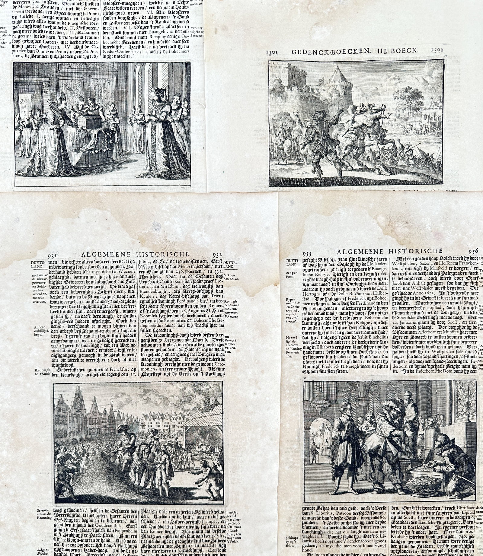 Johann Ludwig Gottfried – Set of 4: Historical Scenes and Book Leaves – Engravings (17th: "Historical Scenes and Book Leaves" This set of prints illustrates dynamic seventeenth-century historical battle scenes, court gatherings, and town encounters, set within double-sided printed book pag