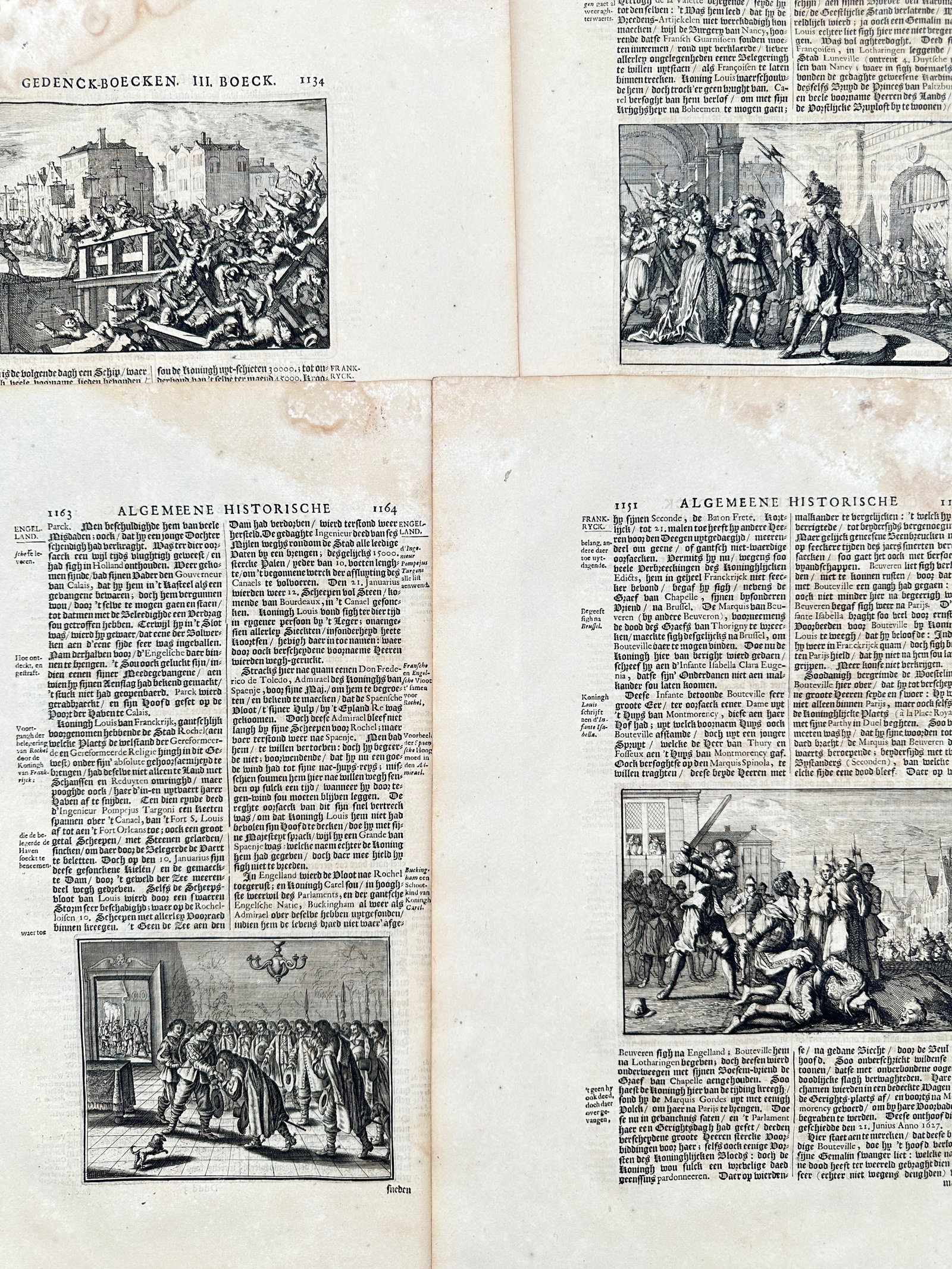 Johann Ludwig Gottfried – Set of 4: XVII Century Historical Episodes and Illustrated Leaves: "XVII Century Historical Episodes and Illustrated Leaves" This set of prints illustrates seventeenth-century historical events, including urban siege warfare, royal processions, and public confrontati