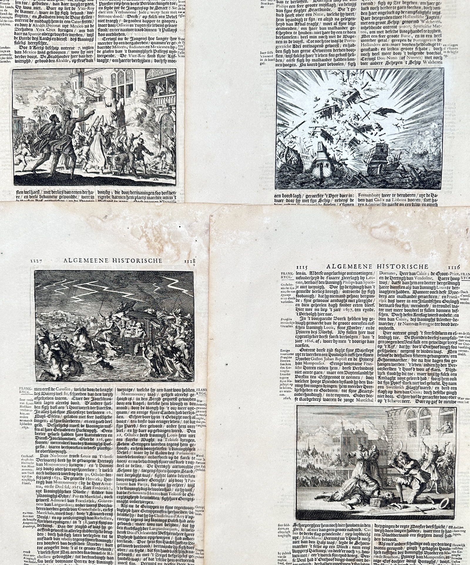 Johann Ludwig Gottfried – Set of 4: Early Modern Battles and Historical Events – Engravings: "Early Modern Battles and Historical Events" This set of prints illustrates dynamic historical events, including naval engagements, field battles, and dramatic interpersonal encounters set within Dutc
