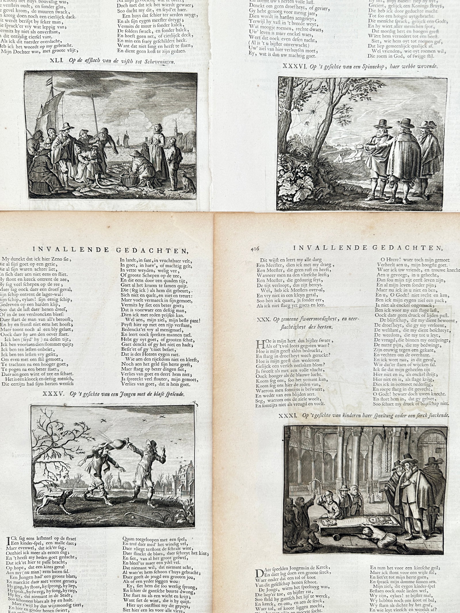 Jacob Cats – Set of 4: Moral Emblems and Allegorical Scenes – Engravings (17th Century): "Moral Emblems and Allegorical Scenes" This set of prints illustrates Dutch moral emblems, allegorical narratives, and everyday human activities, including figures on a shore, a spider in a landscape,