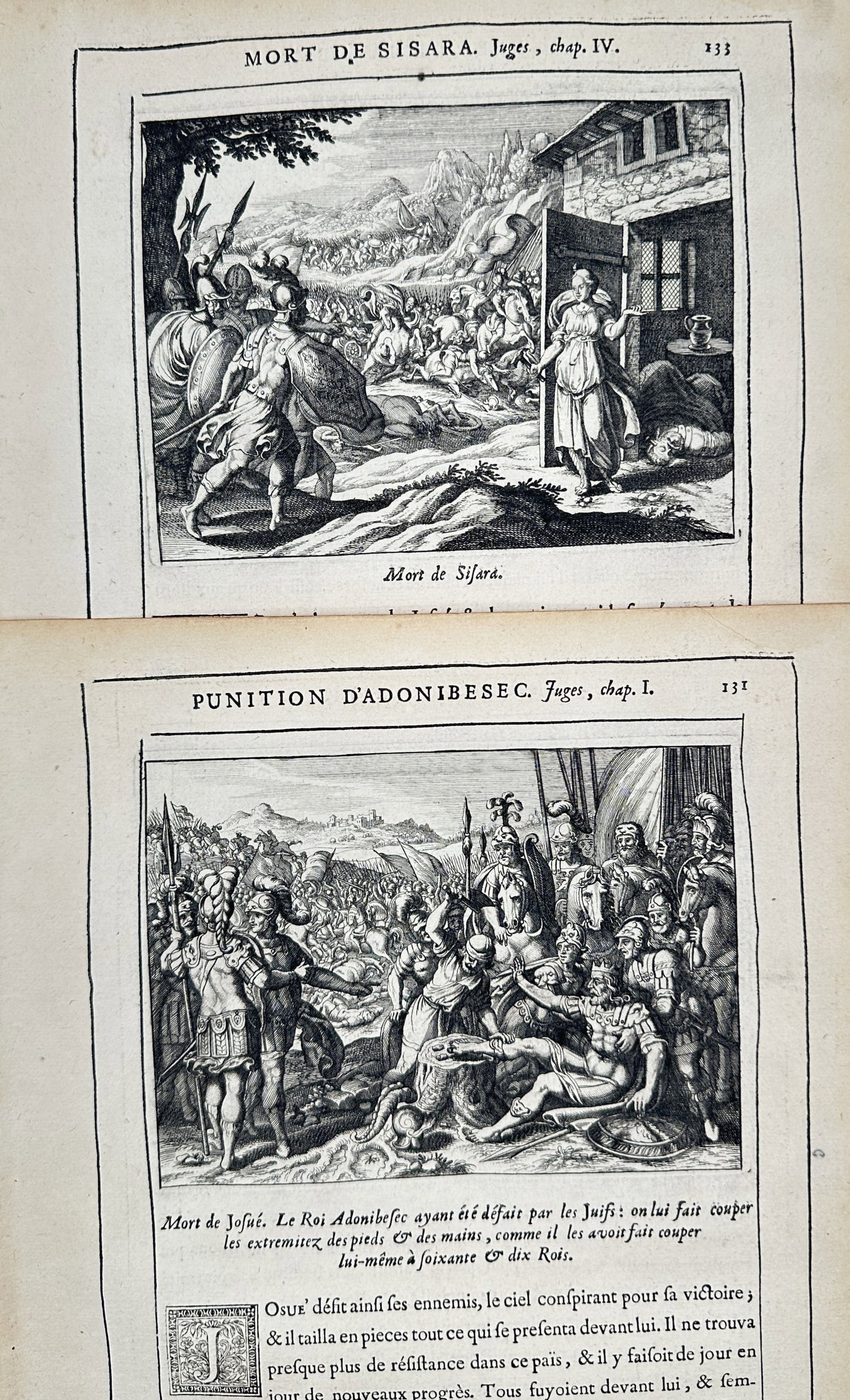 Nicolas Fontaine – Set of 2: Biblical Scenes from the Book of Judges – Engravings (17th Century): "Biblical Scenes from the Book of Judges" This set of prints illustrates Old Testament narratives from the Book of Judges, including the death of Sisera and the punishment of Adoni-bezek. The collecti