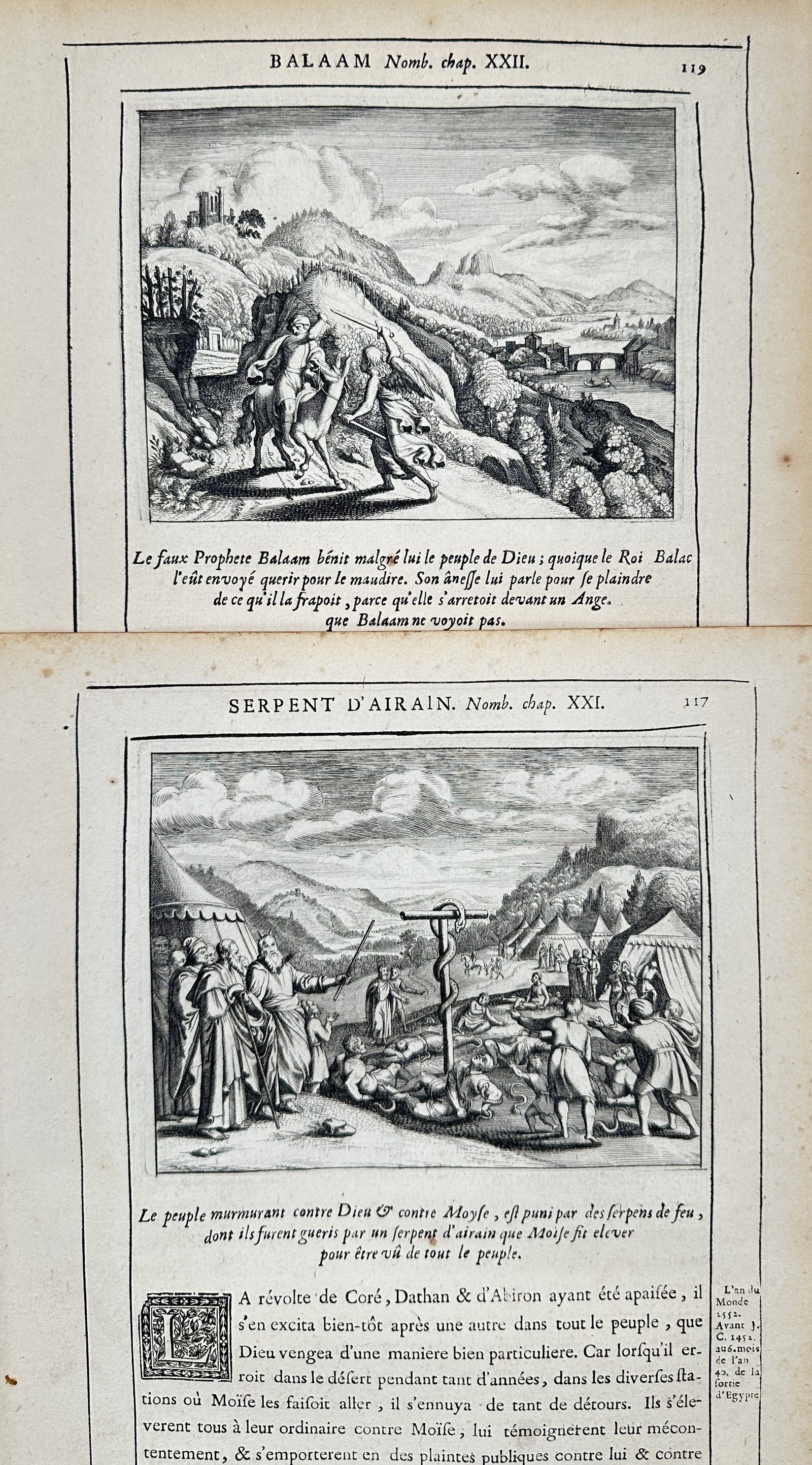 Nicolas Fontaine – Set of 2: Old Testament Stories of Balaam and the Brazen Serpent – Engravings: "Old Testament Stories of Balaam and the Brazen Serpent" This set of prints illustrates biblical episodes from the Book of Numbers, including Balaam and his donkey facing an angel and Moses raising th