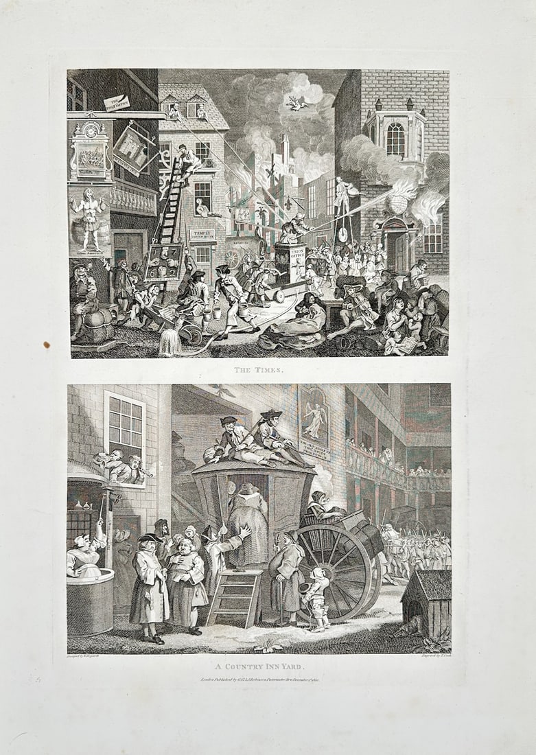 William Hogarth – The Times and A Country Inn Yard – Engraving (1726): "The Times and A Country Inn Yard" depicts two satirical narrative scenes structured vertically on a single sheet. The upper section illustrates a chaotic street scene representing political turmoil a