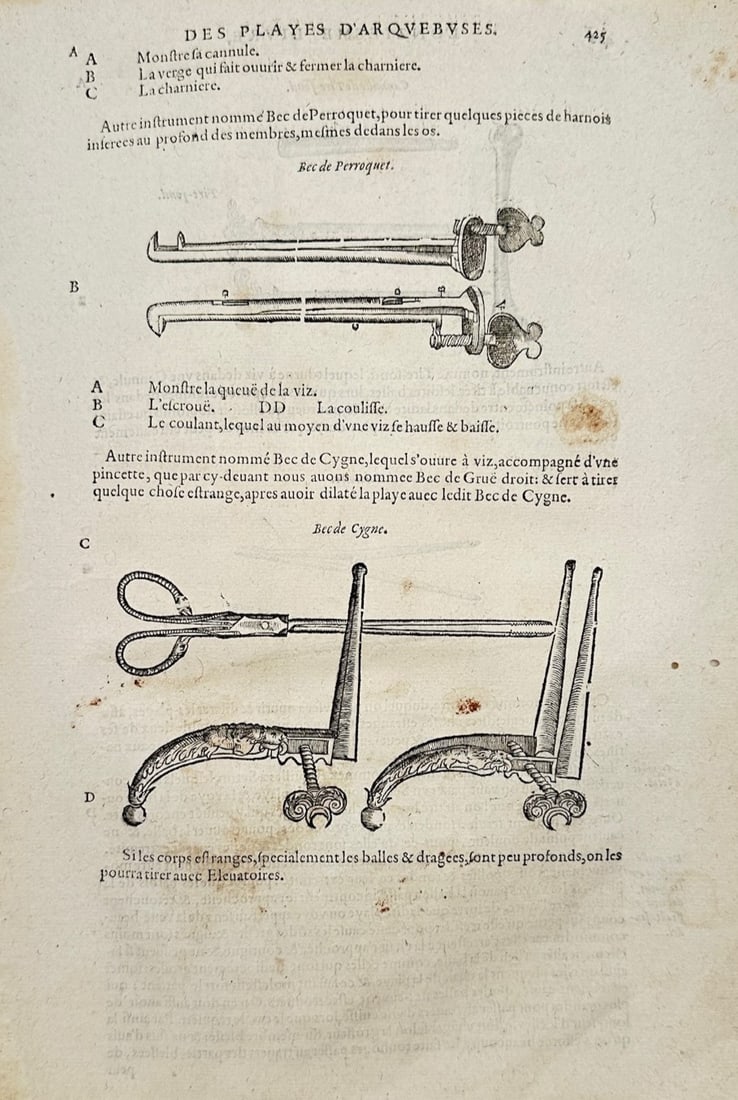 Ambroise Paré – Surgical Instruments for Arquebus Wounds – Woodcut (16th Century): "Surgical Instruments for Arquebus Wounds" presents an early medical illustration depicting specialized surgical tools designed for extracting foreign bodies and treating gunshot injuries. The woodcut