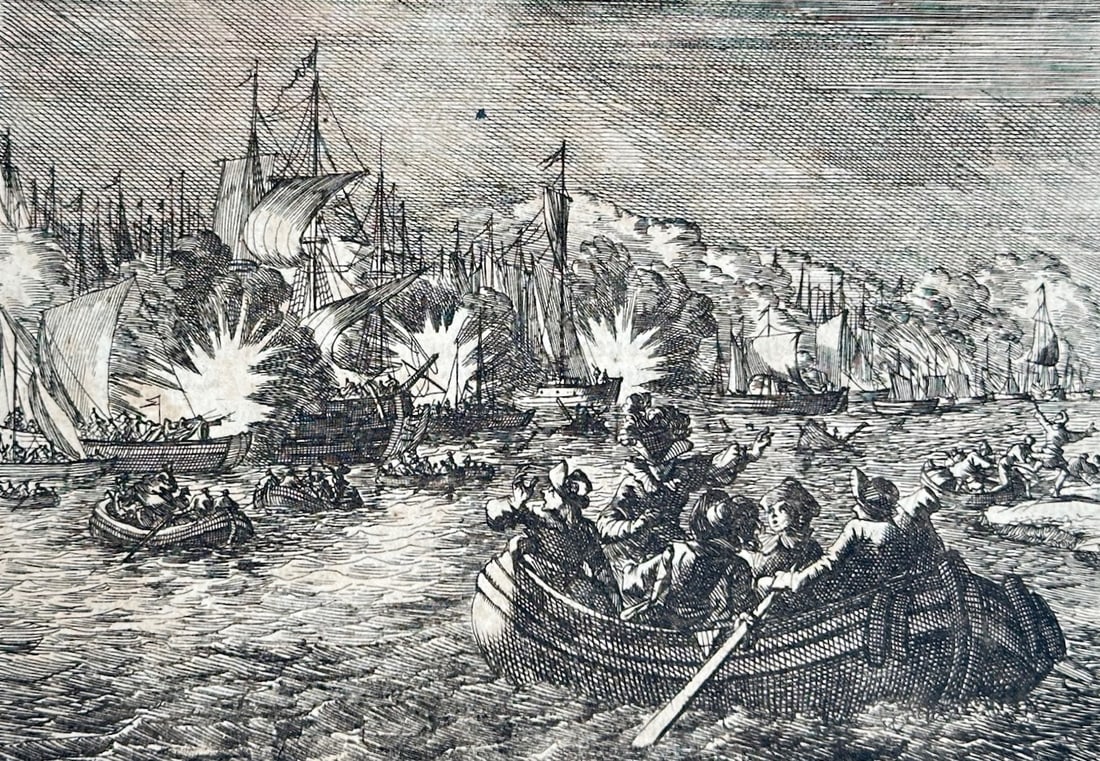 Caspar Luyken – Naval Battle Scene – Etching (17th Century): "Naval Battle Scene" depicts a dramatic maritime engagement featuring warships firing cannons, billowing smoke, and sailors navigating rowboats through choppy waters. The composition highlights dynami