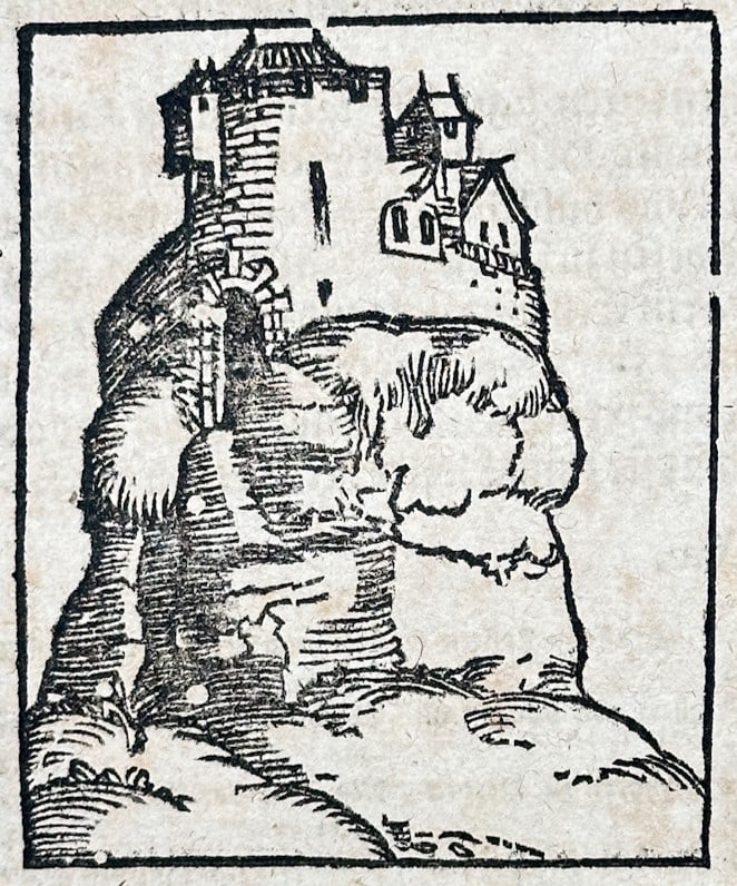 Sebastian Münster – View of Hohenkrähen Castle – Germany – Woodcut (1588): "View of Hohenkrähen Castle" presents an early topographical woodcut illustrating the hilltop fortress of Hohenkrähen situated atop a rocky outcrop in Southern Germany. The small castle illustration
