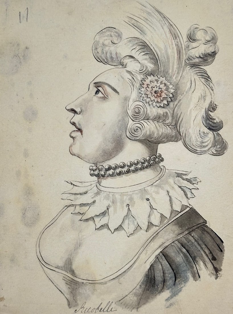 Unknown Artist – Profile Portrait of a Woman (Riccobelli) – Ink and Wash Drawing (18th Century): "Profile Portrait of a Woman (Riccobelli)" presents an expressive profile portrait depicting a woman styled in elaborate period headwear with feathers, a double-strand pearl necklace, and a decorative