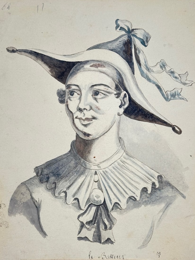 Unknown Artist – Portrait of a Character (Le Batteux) – Ink and Wash Drawing (18th Century): "Portrait of a Character (Le Batteux)" presents a theatrical portrait depicting a figure styled in a pointed hat tied with ribbons and a ruffled collar accentuating the neck. The drawing incorporates 